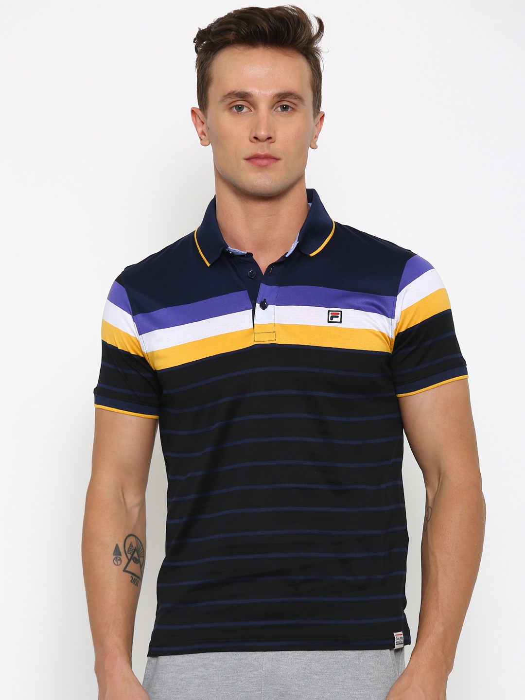 

FILA Men Black Striped Polo Collar Pure Cotton T-shirt
