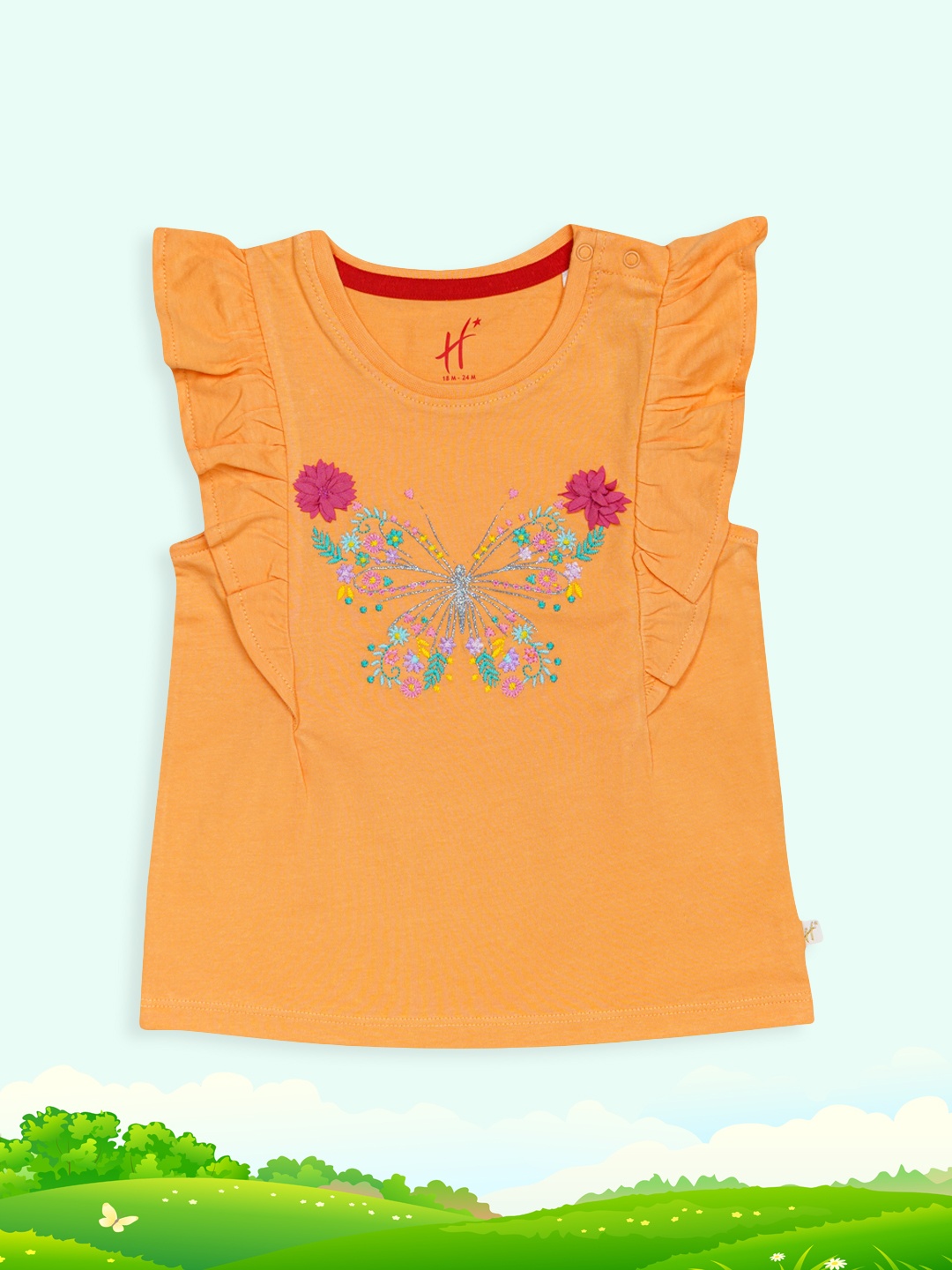 

H By Hamleys Orange Print Applique Pure Cotton Top