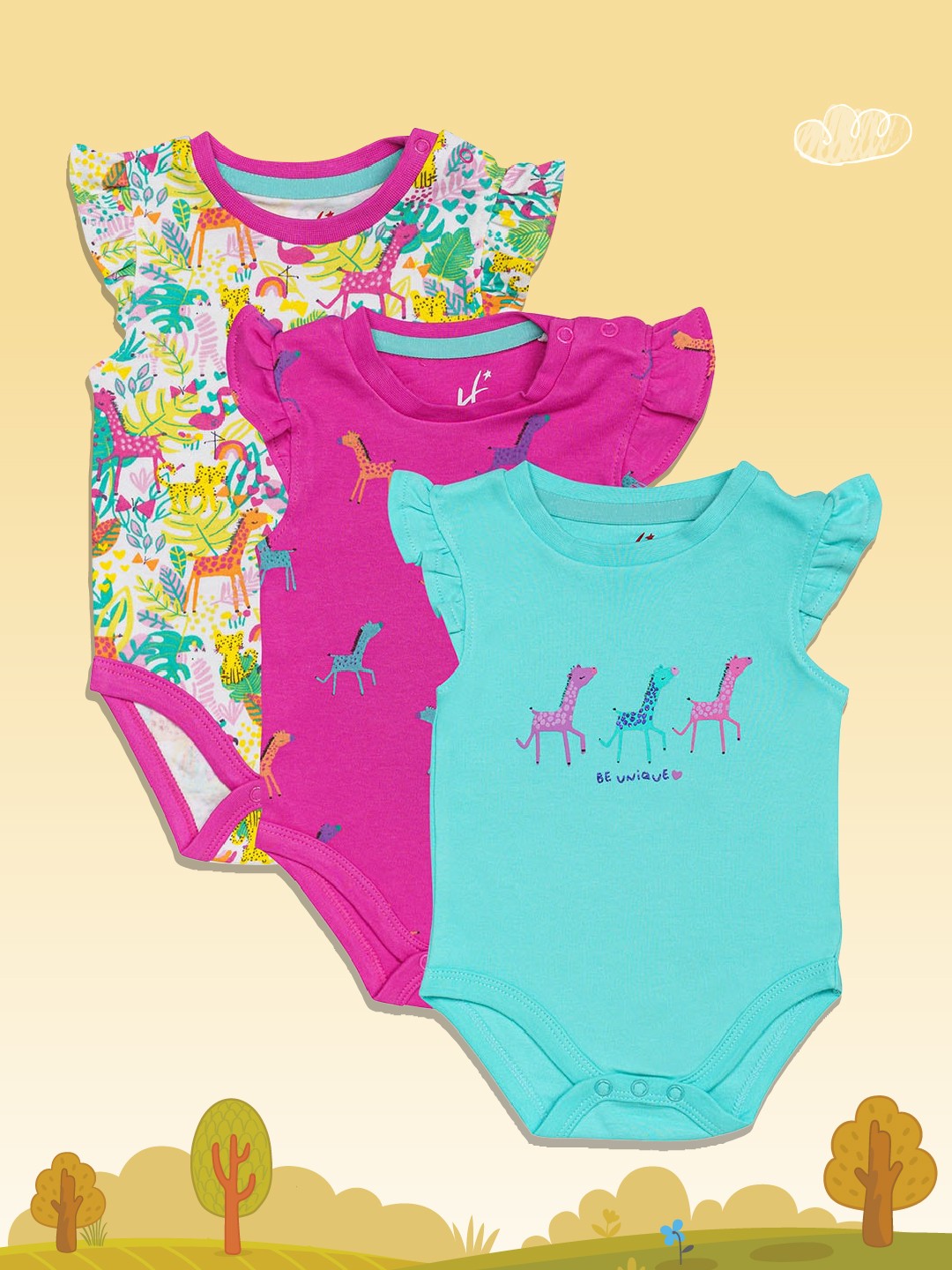 

H By Hamleys Girls Pack of 3 Short Sleeves Animal Print Pure Cotton Bodysuits, Multi