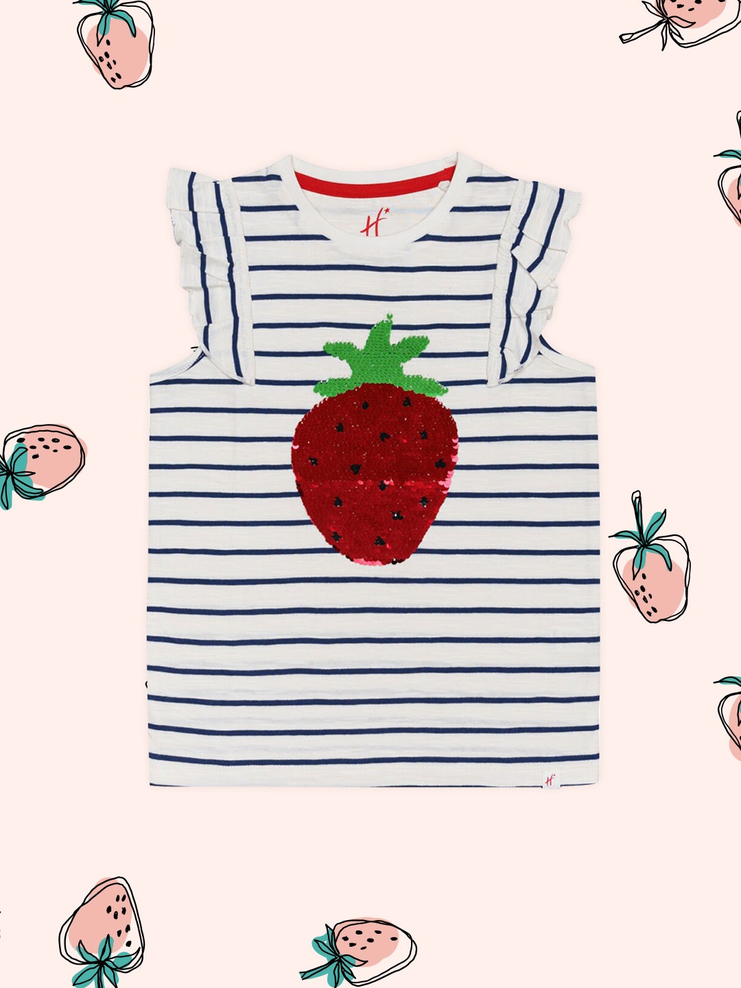 

H By Hamleys Girls White & Navy Blue Striped Pure Cotton Top