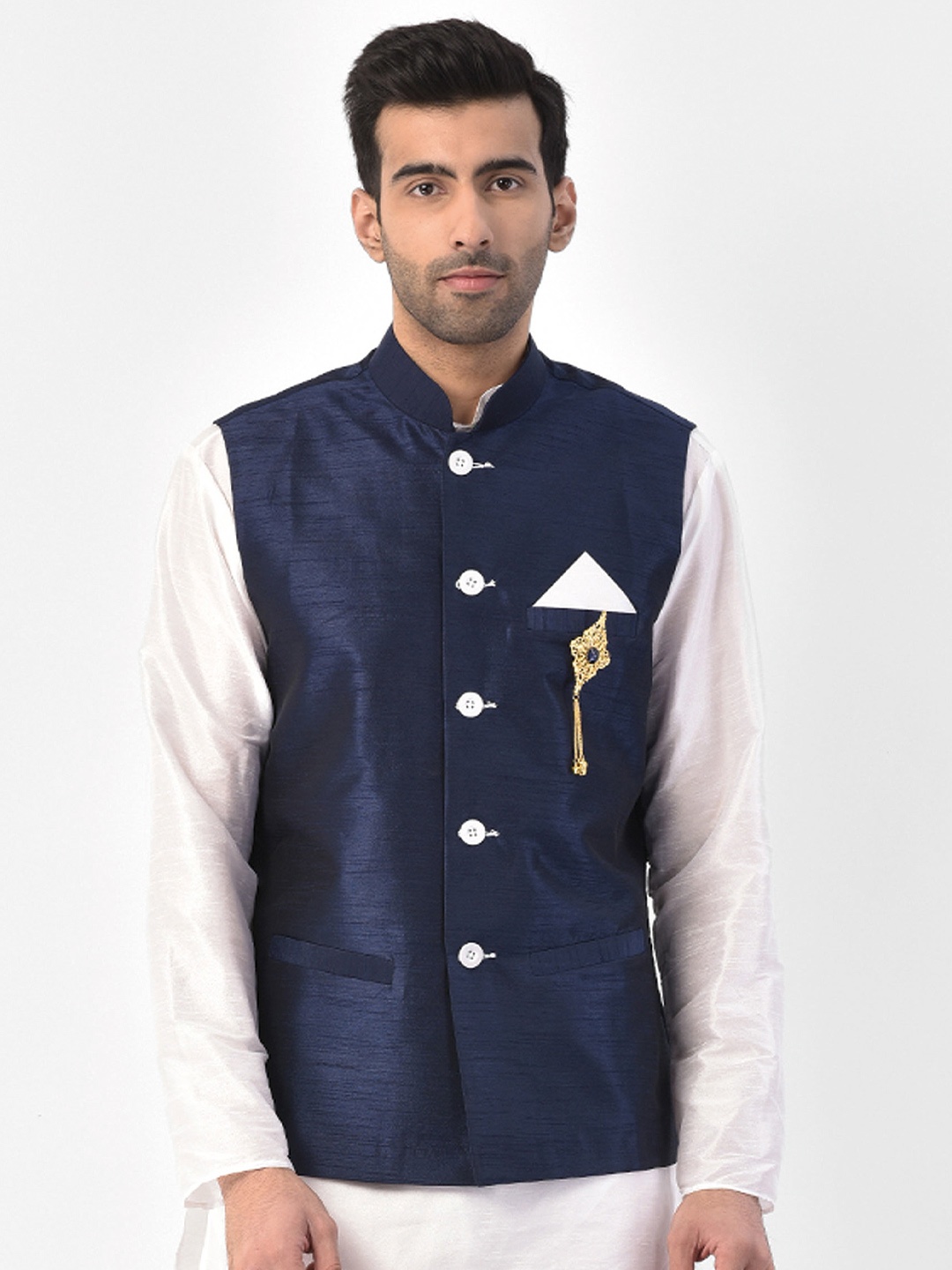 

SG LEMAN Men Navy Blue Solid Satin Nehru Jacket