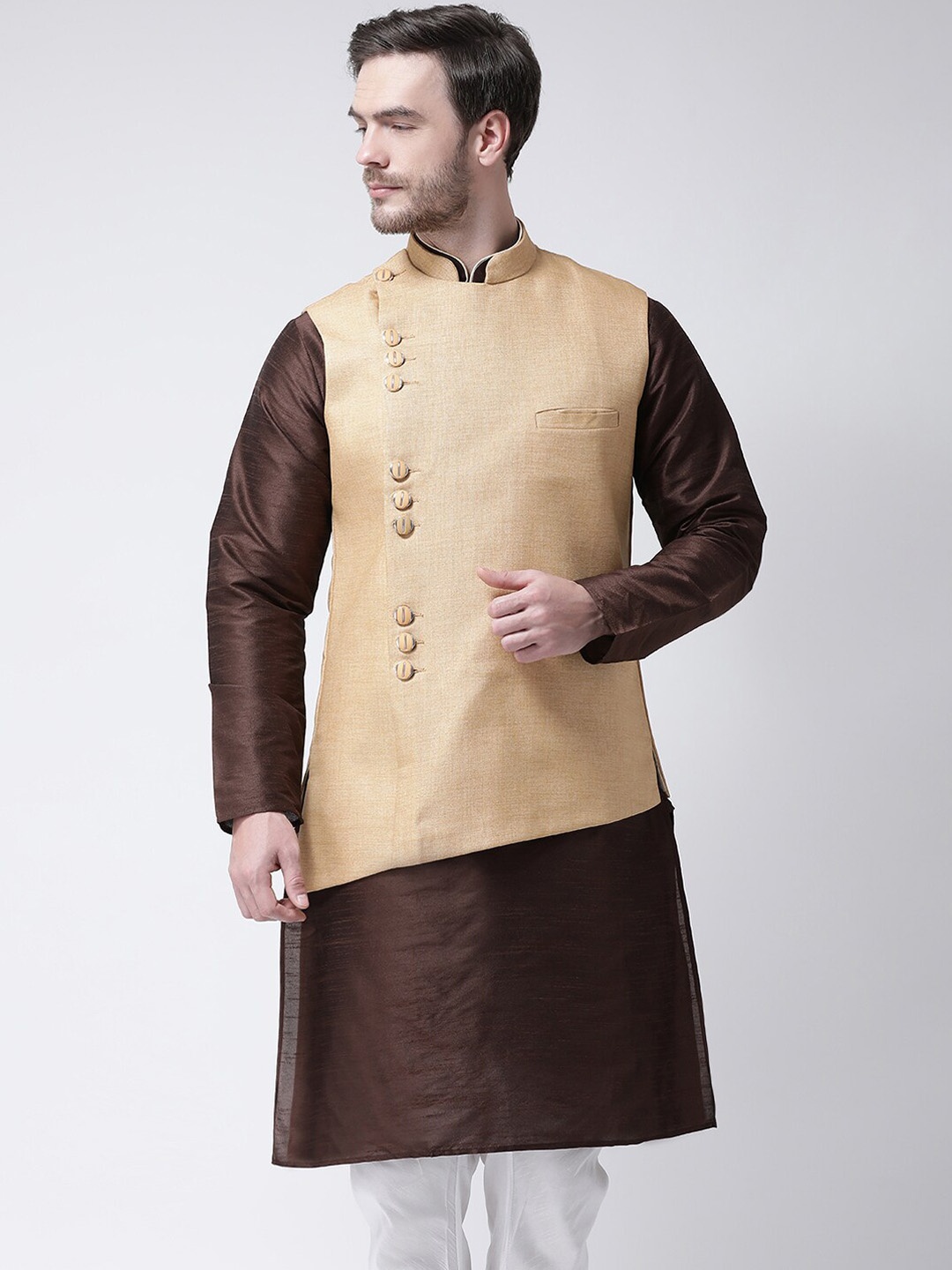 

SG LEMAN Men Beige Solid Mandarin Collar Asymmetric Hem Nehru Jackets