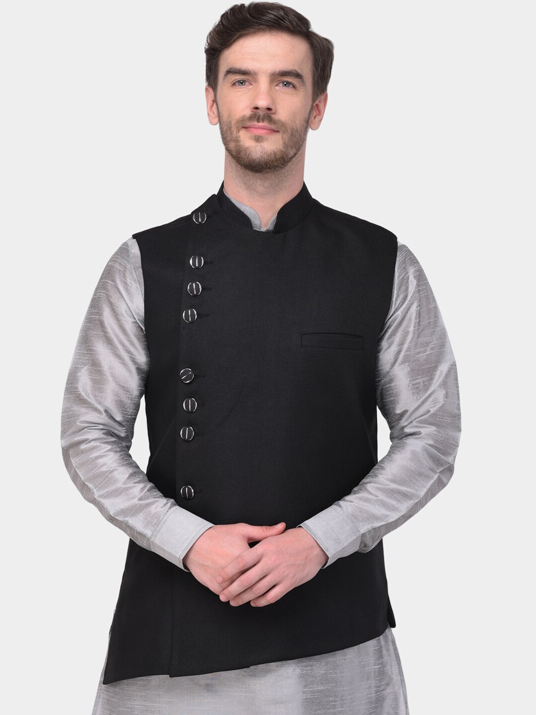 

SG LEMAN Men Black Solid Satin Nehru Jacket