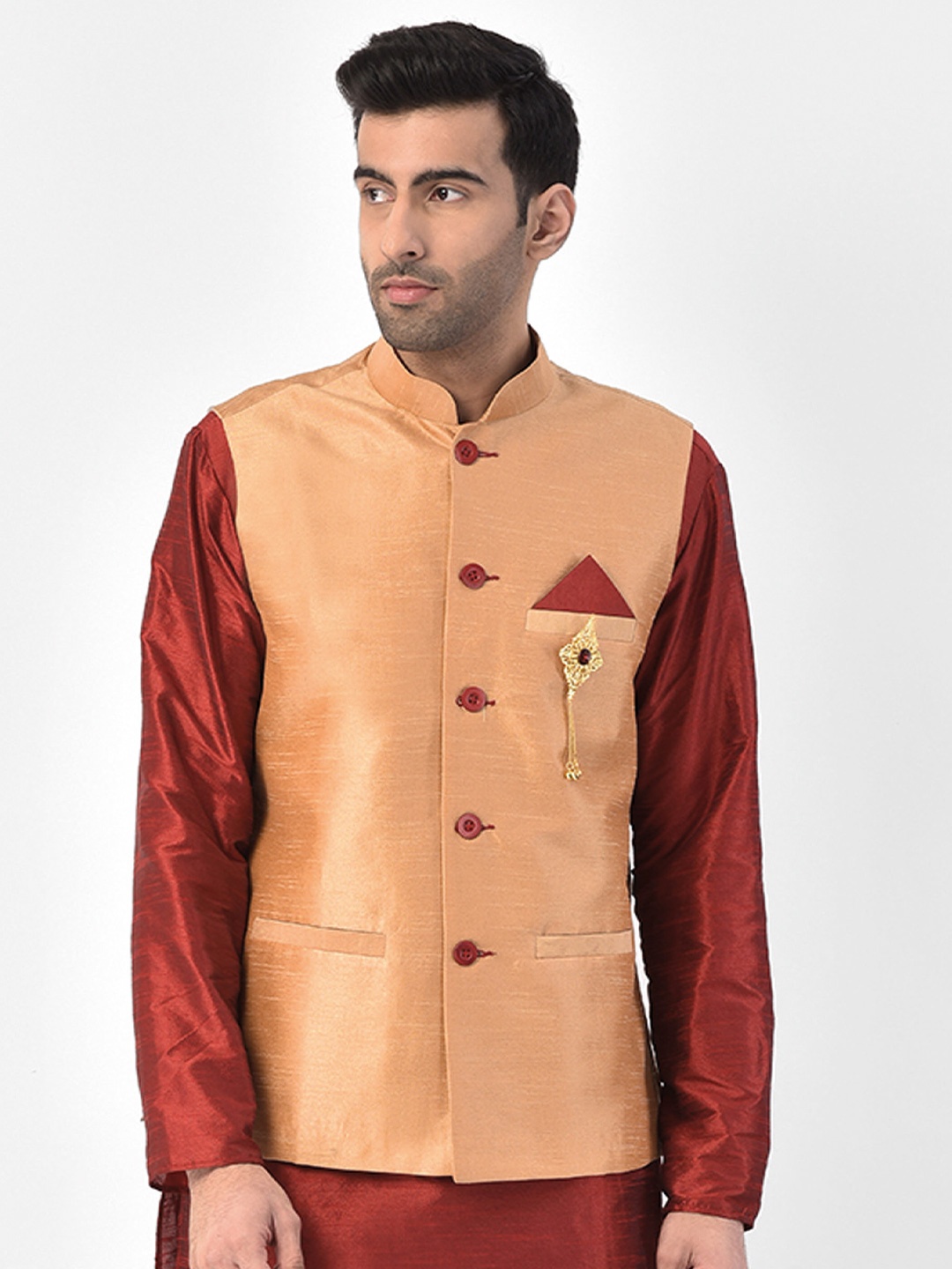 

SG LEMAN Men Gold-Colored Solid Nehru Jacket
