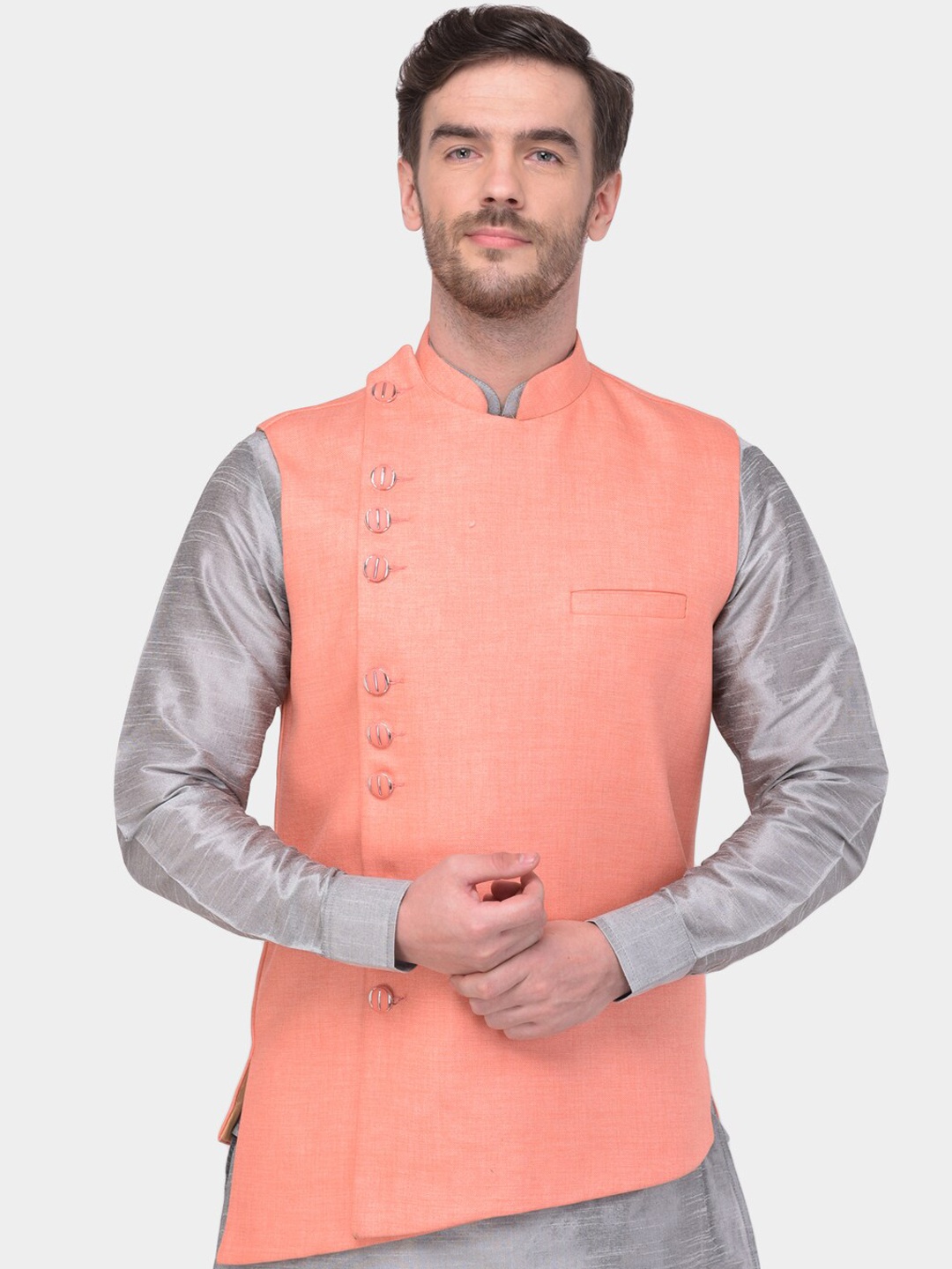 

SG LEMAN Men Peach-Coloured Solid Nehru Jackets