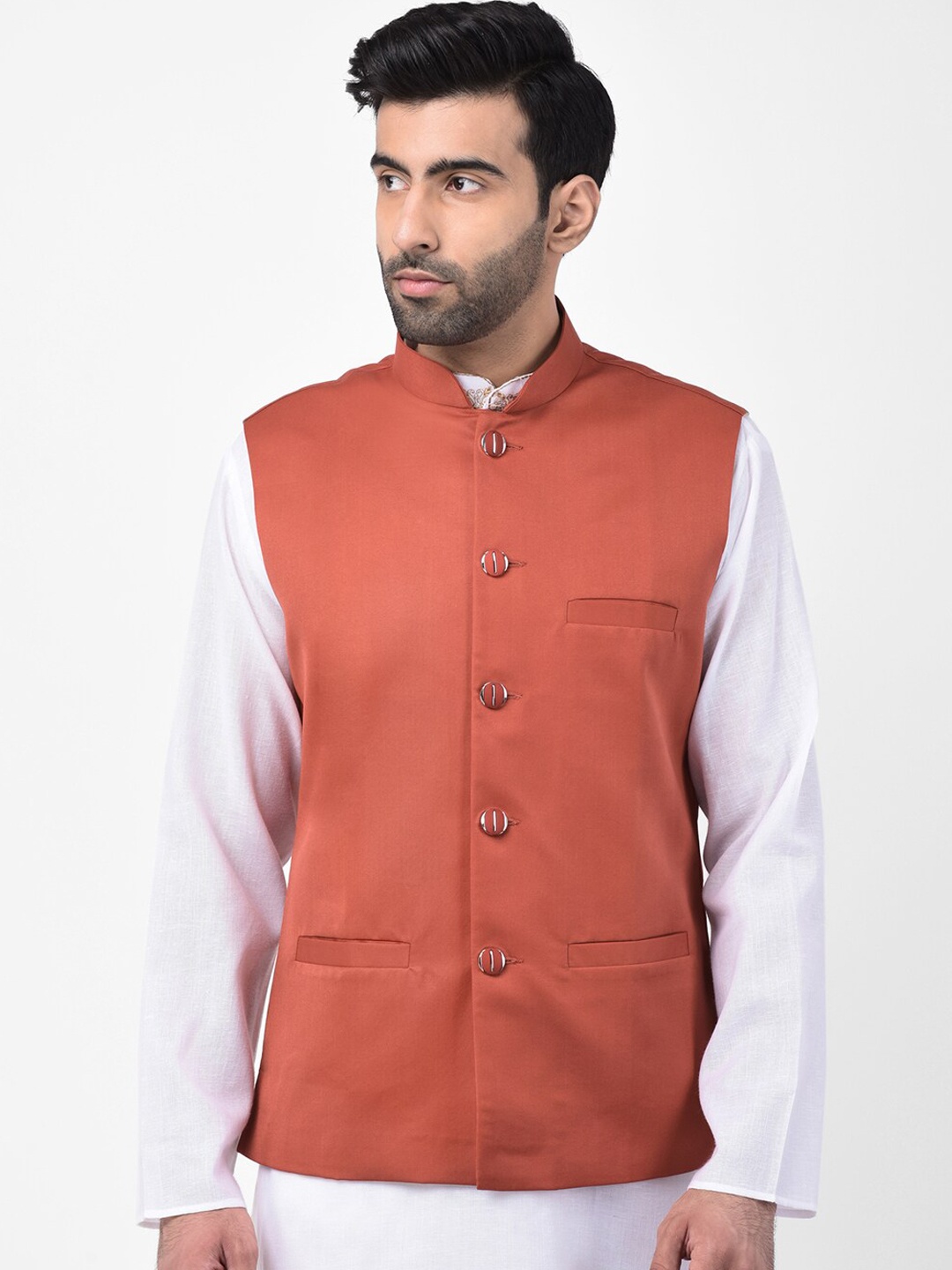 

SG LEMAN Men Peach Solid Satin Nehru Jackets