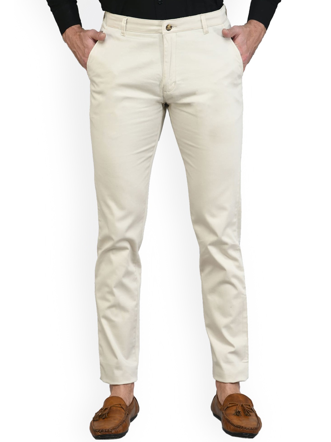 

Sam and Jack Men Cream-Coloured Smart Slim Fit Chinos Trousers