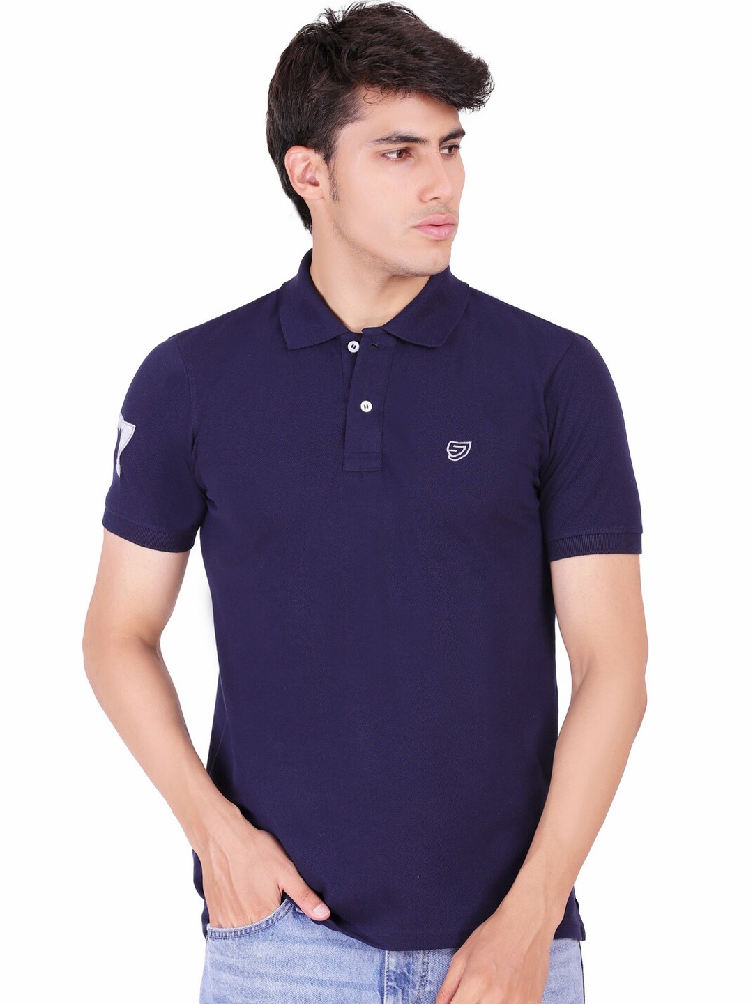 

Sam and Jack Men Navy Blue Polo Collar Applique Regular Fit T-shirt