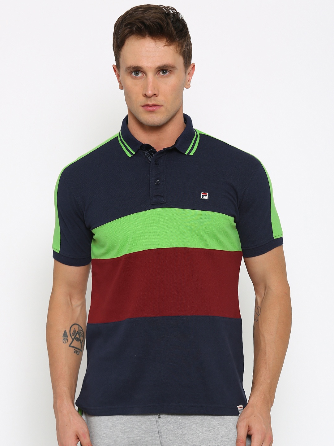 

FILA Men Navy Maroon Colourblocked Polo Collar Pure Cotton T-shirt, Navy blue