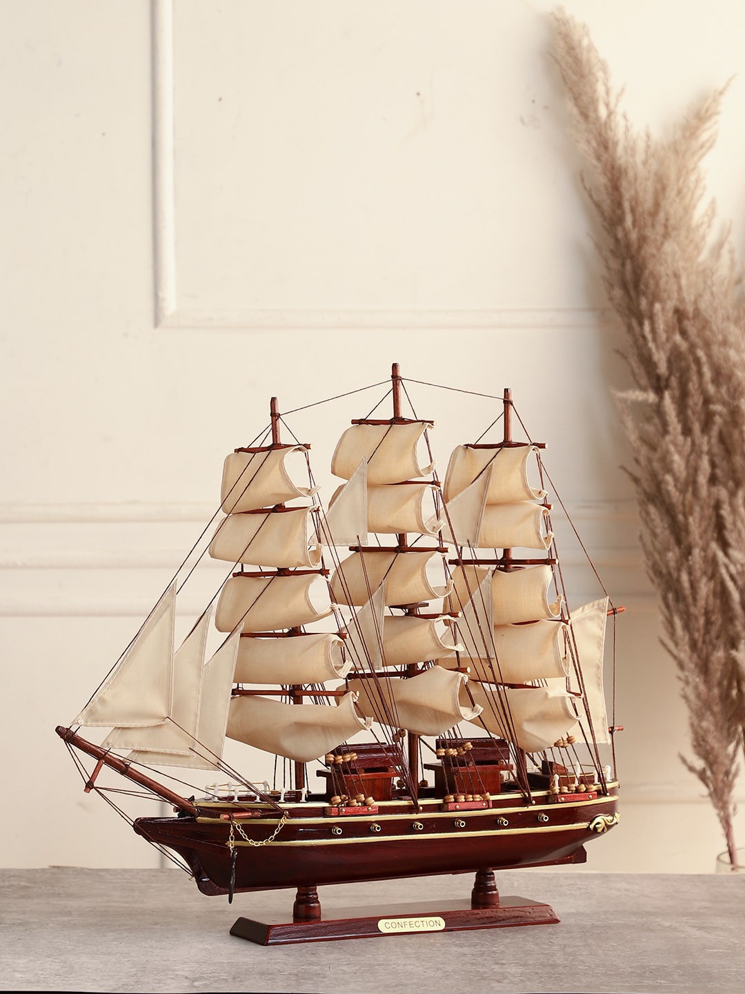 

EXIM DECOR Maroon & Gold-Coloured Curated Deck Sailing Ship Showpiece