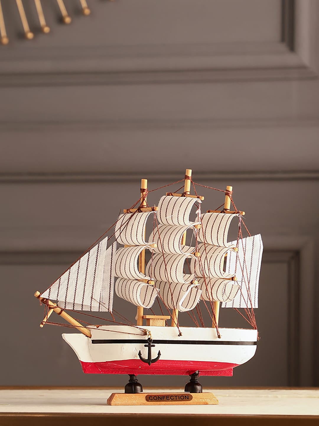 

EXIM DECOR Brown & White Striped Sailing Ship Showpiece