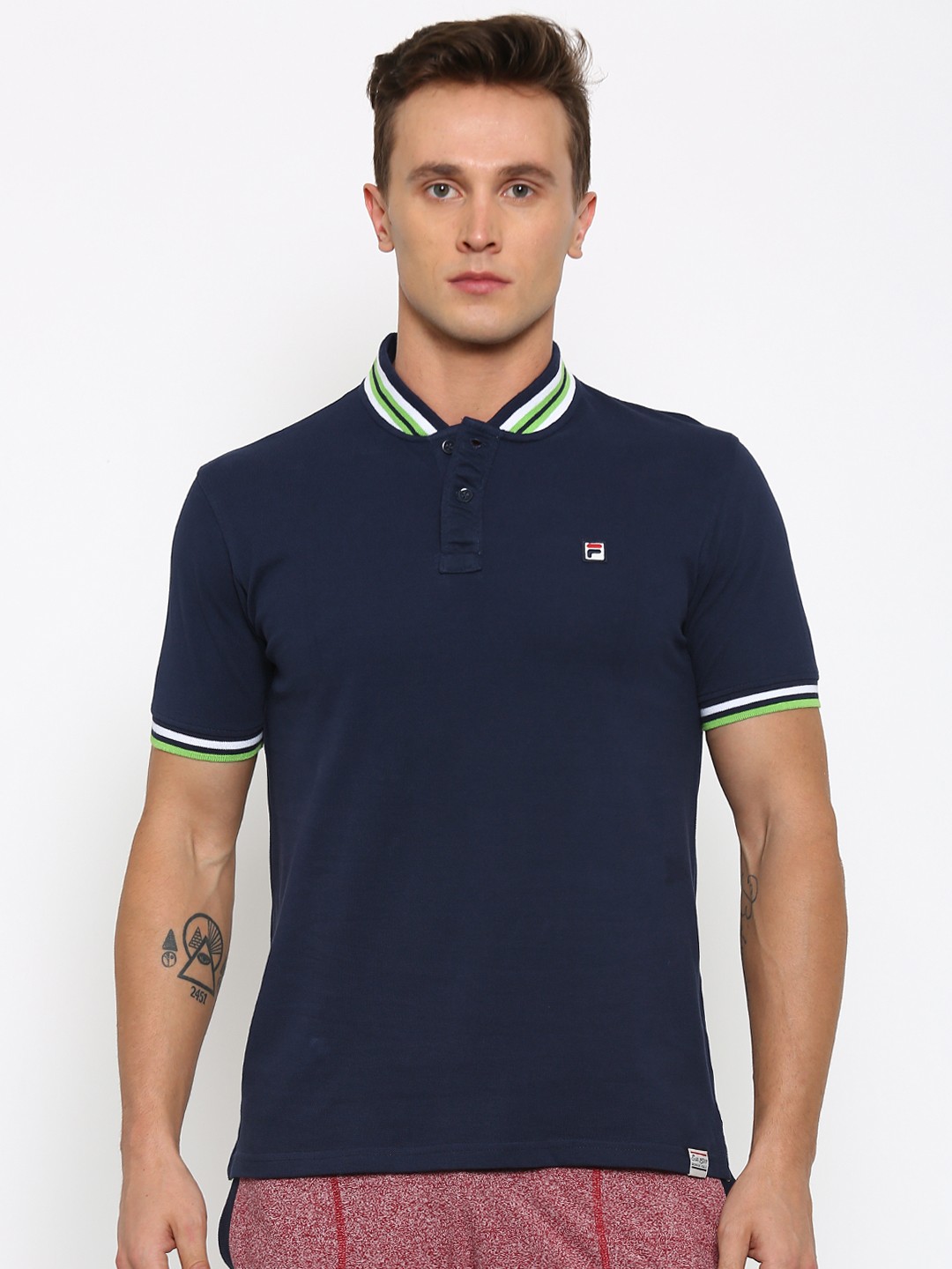 

FILA Men Navy Solid Mandarin collar Pure Cotton T-shirt, Navy blue