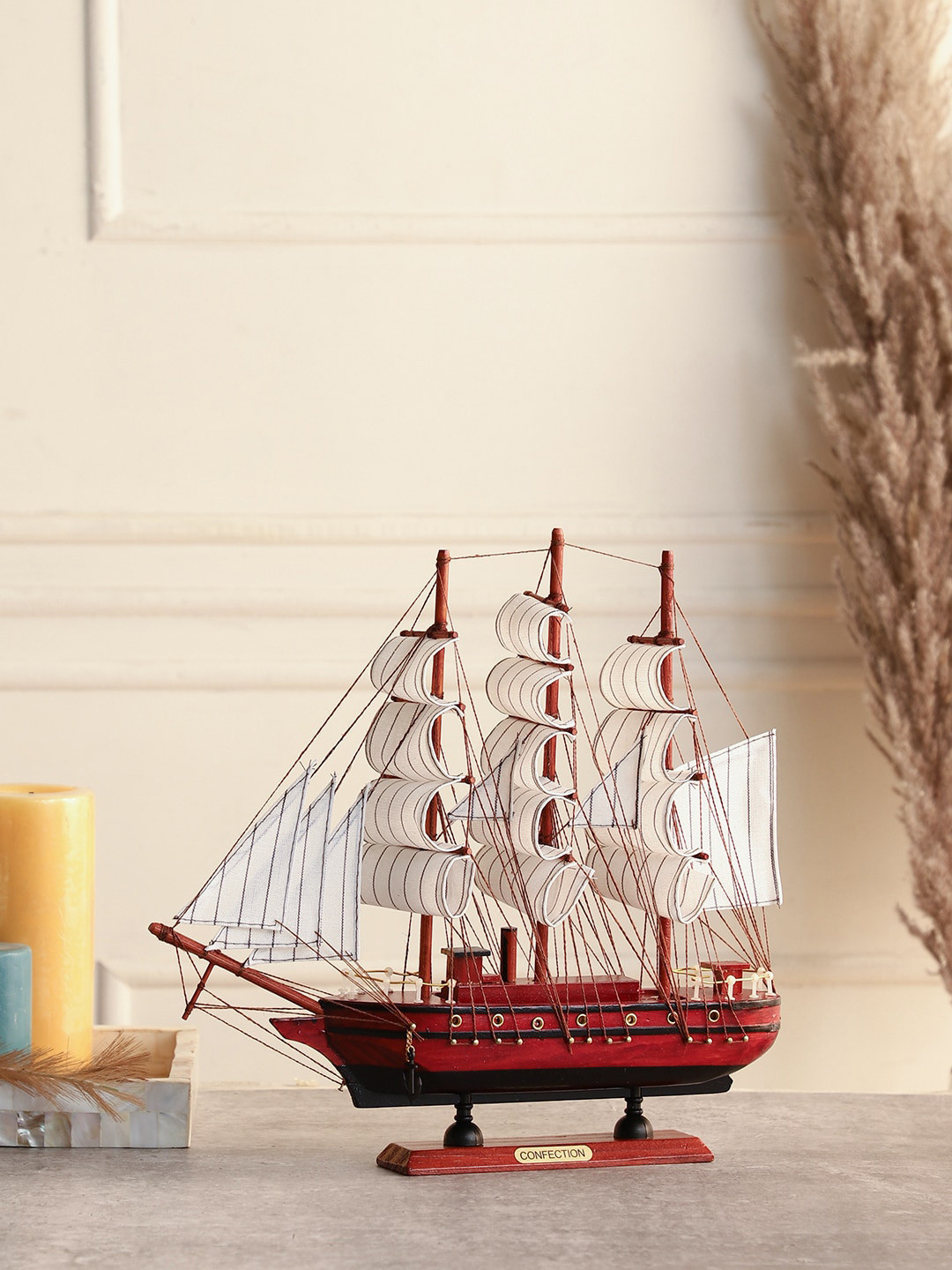 

EXIM DECOR Red and White Wooden Sailing Ship with Rails