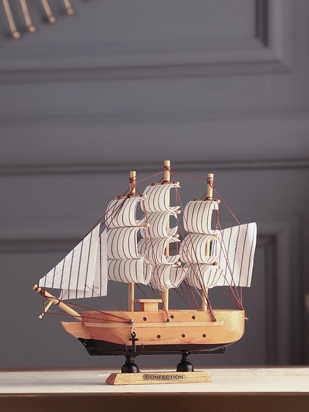 

EXIM DECOR Brown & White Sailing Ship with Dots Showpieces