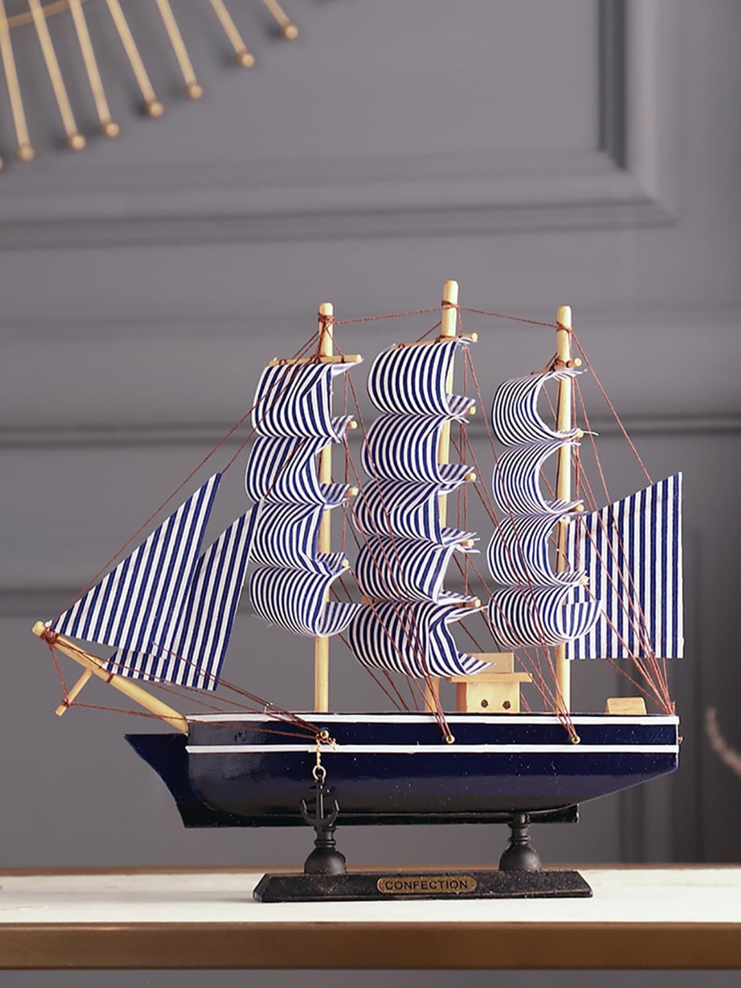 

EXIM DECOR Brown & Navy Blue Striped Mast Sailing Ship Showpiece