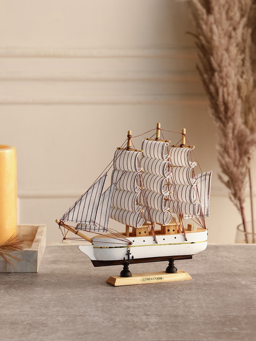 

XIM DECOR Brown & White with Golden Stripes Sailing Ship Showpiece