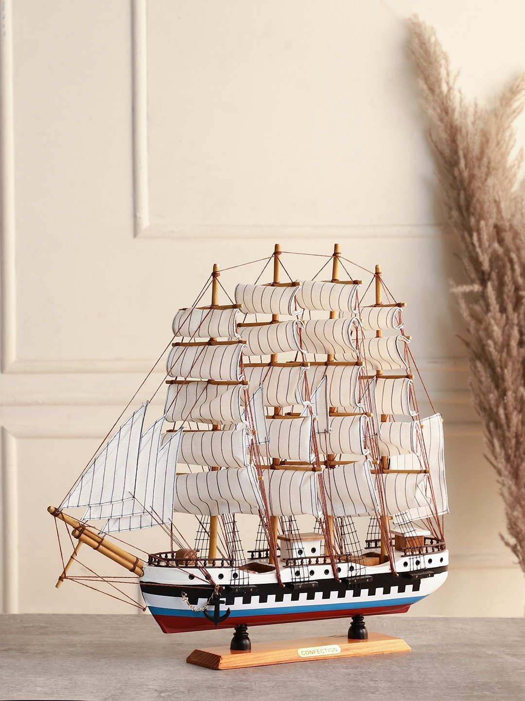 

EXIM DECOR Unisex Black Blue and Red with Curated Deck Sailing Ship Showpiece, Brown