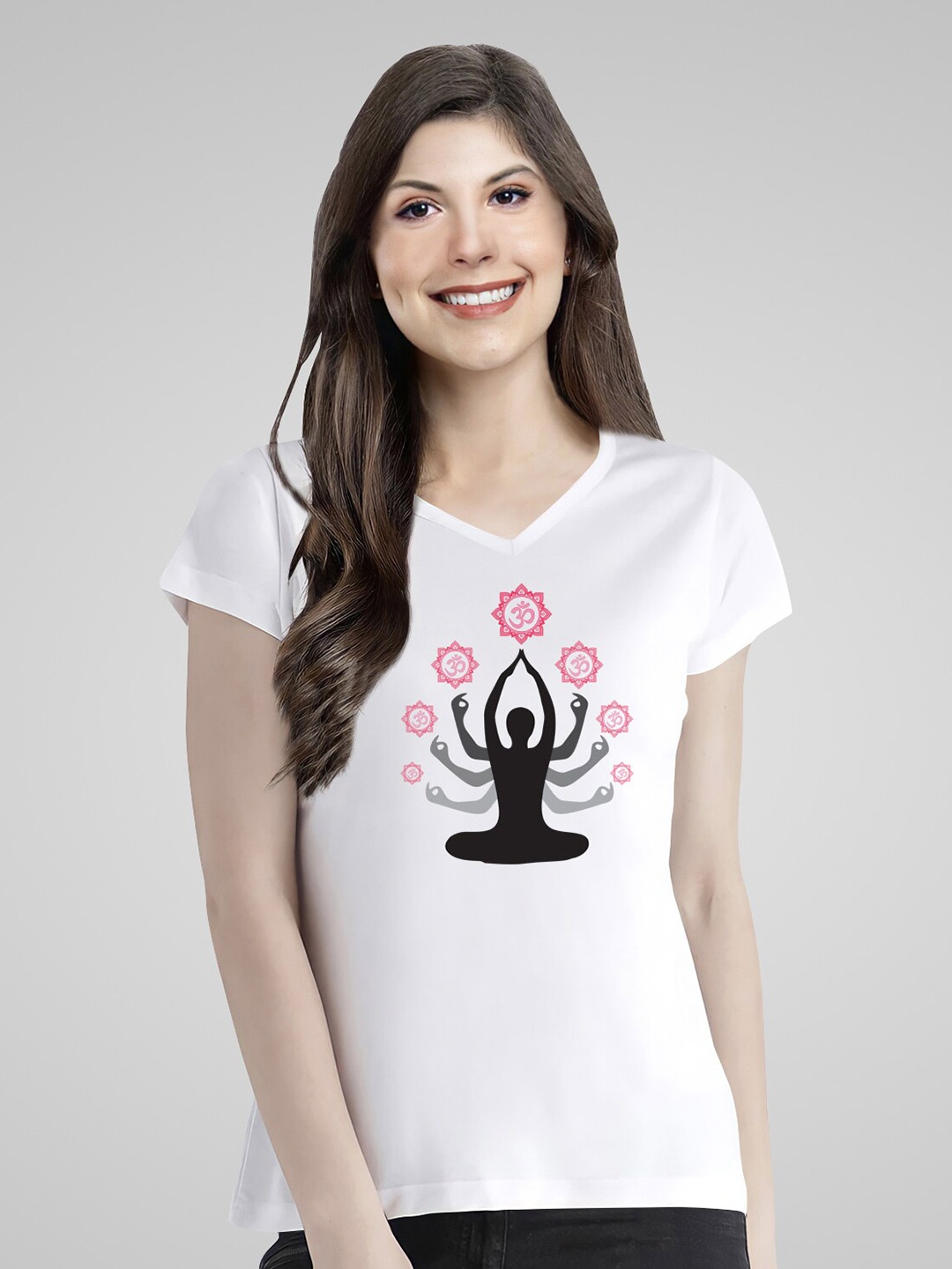 

Pootlu Women White Printed V-Neck Cotton T-shirt