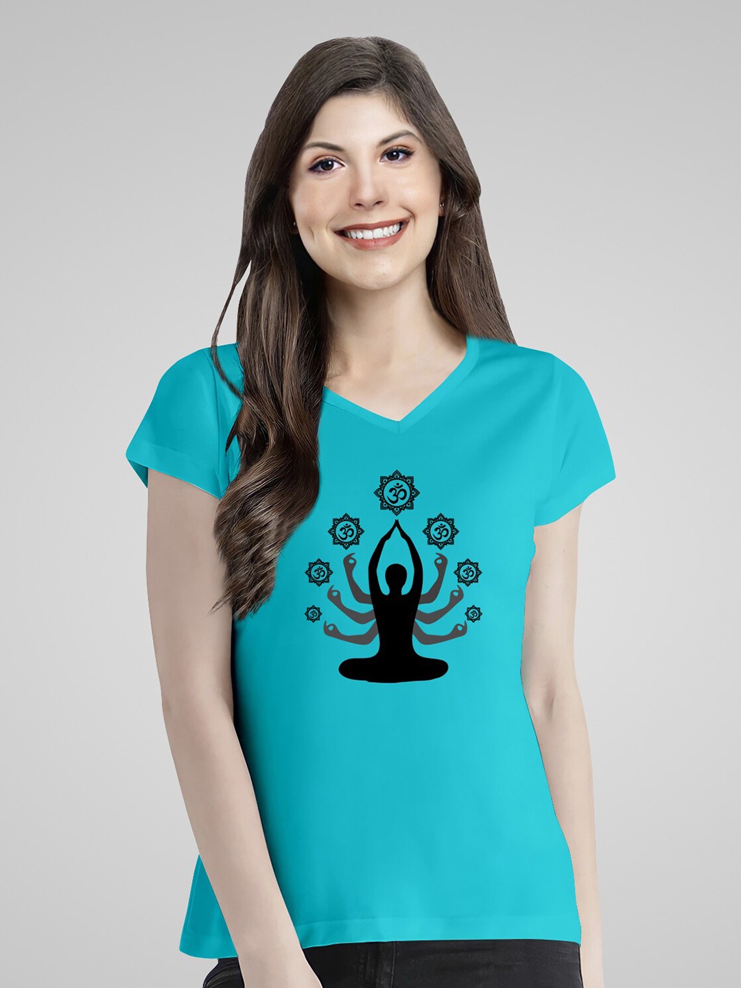 

Pootlu Women Blue Printed V-Neck Extended Sleeves T-shirt