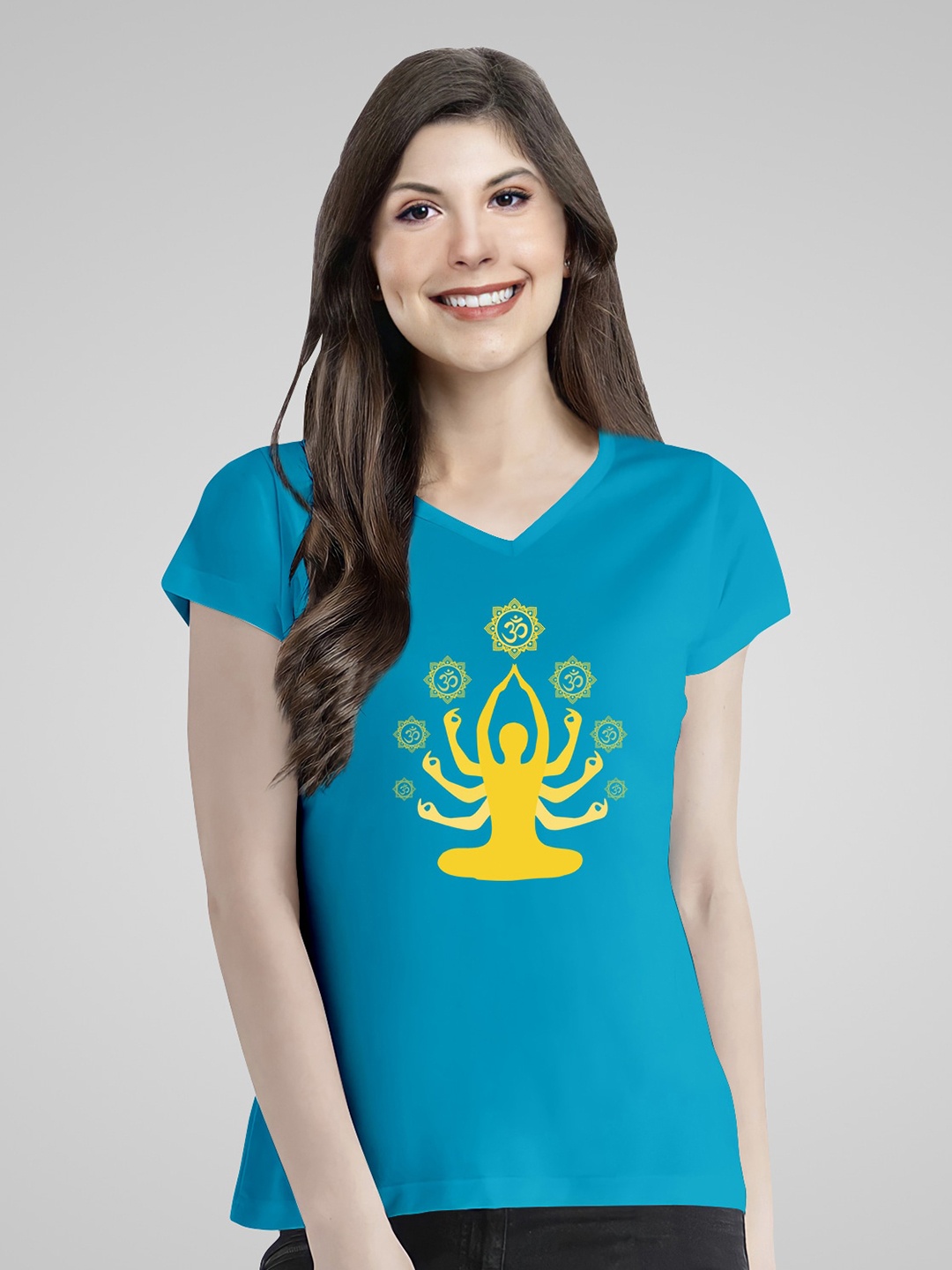 

Pootlu Women Turquoise Blue Printed V-Neck T-shirt