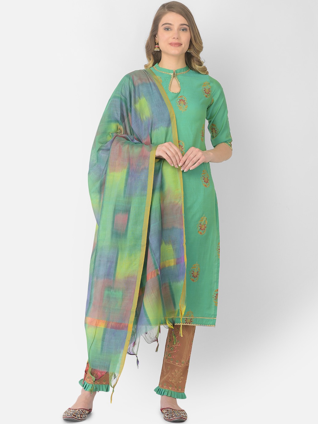 

V TRADITION Green Floral Gotta Patti Kurta with Trousers & With Dupatta