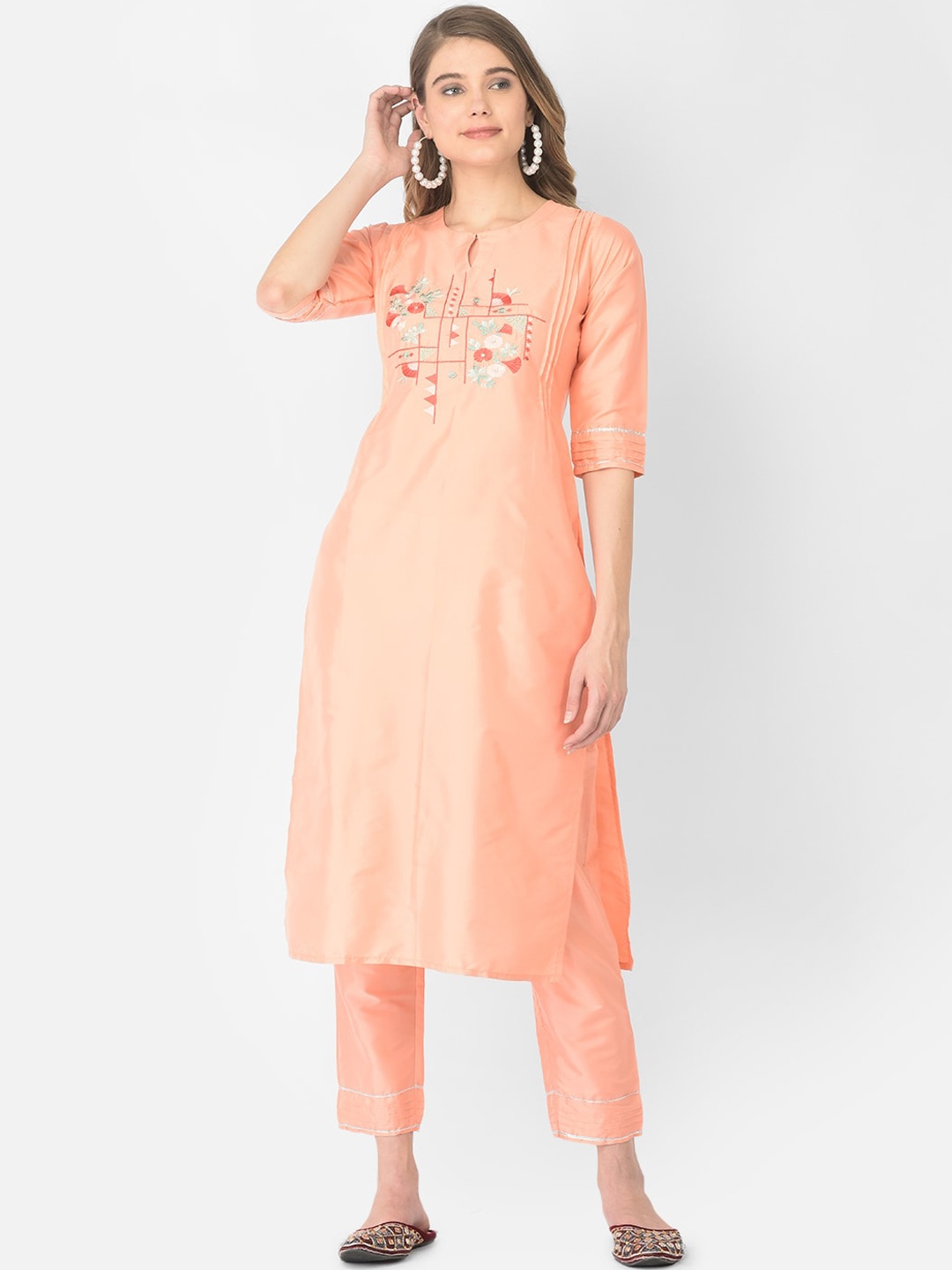 

V TRADITION Peach-Coloured Embroidered Thread Work Kurta Set