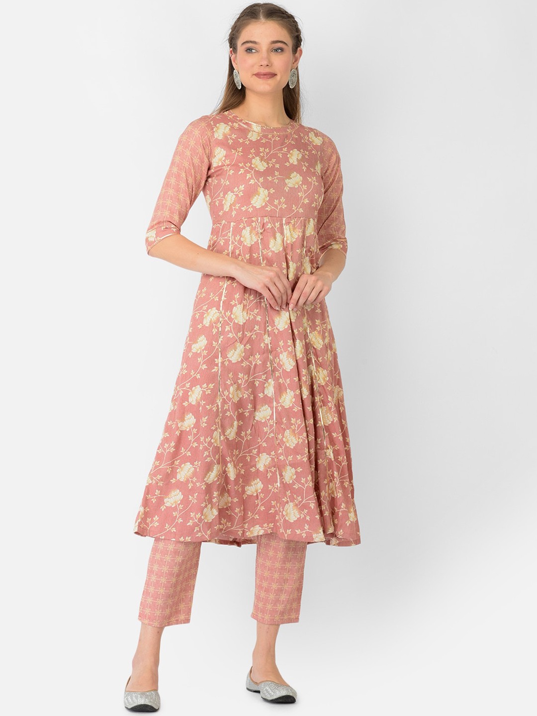 

V TRADITION Pink Floral Printed Kurta with Trousers