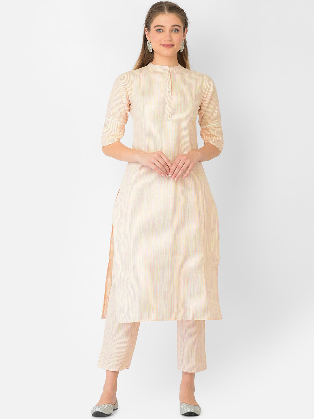 

V TRADITION Women Cream-Coloured Kurti with Trousers