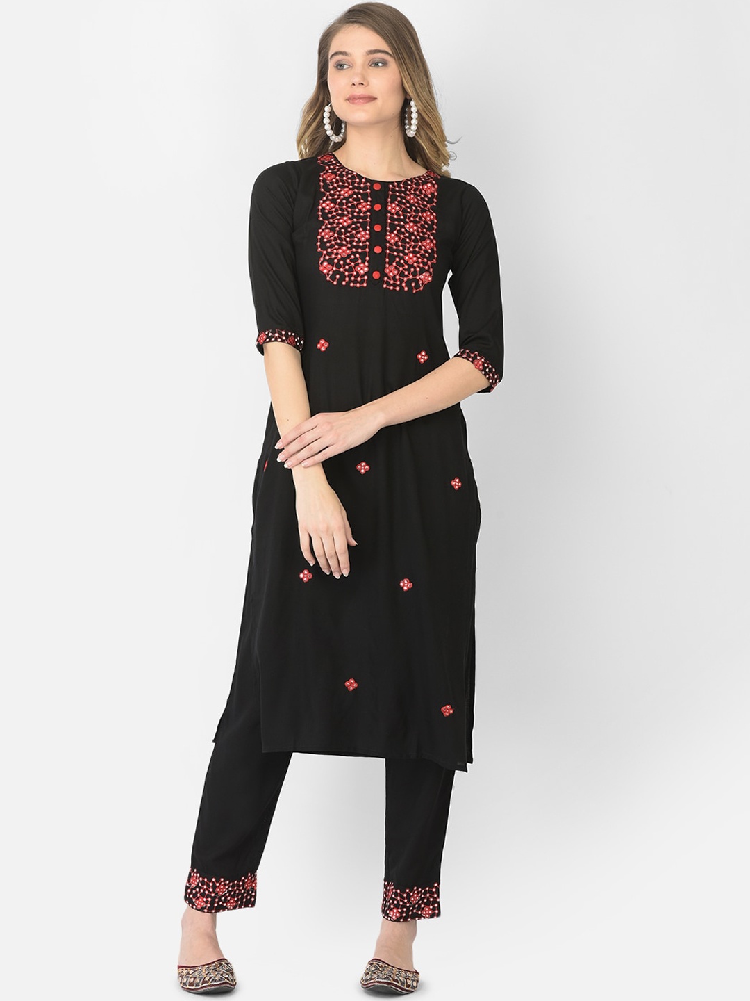 

V TRADITION Black Ethnic Motifs Embroidered Kurta with Trousers