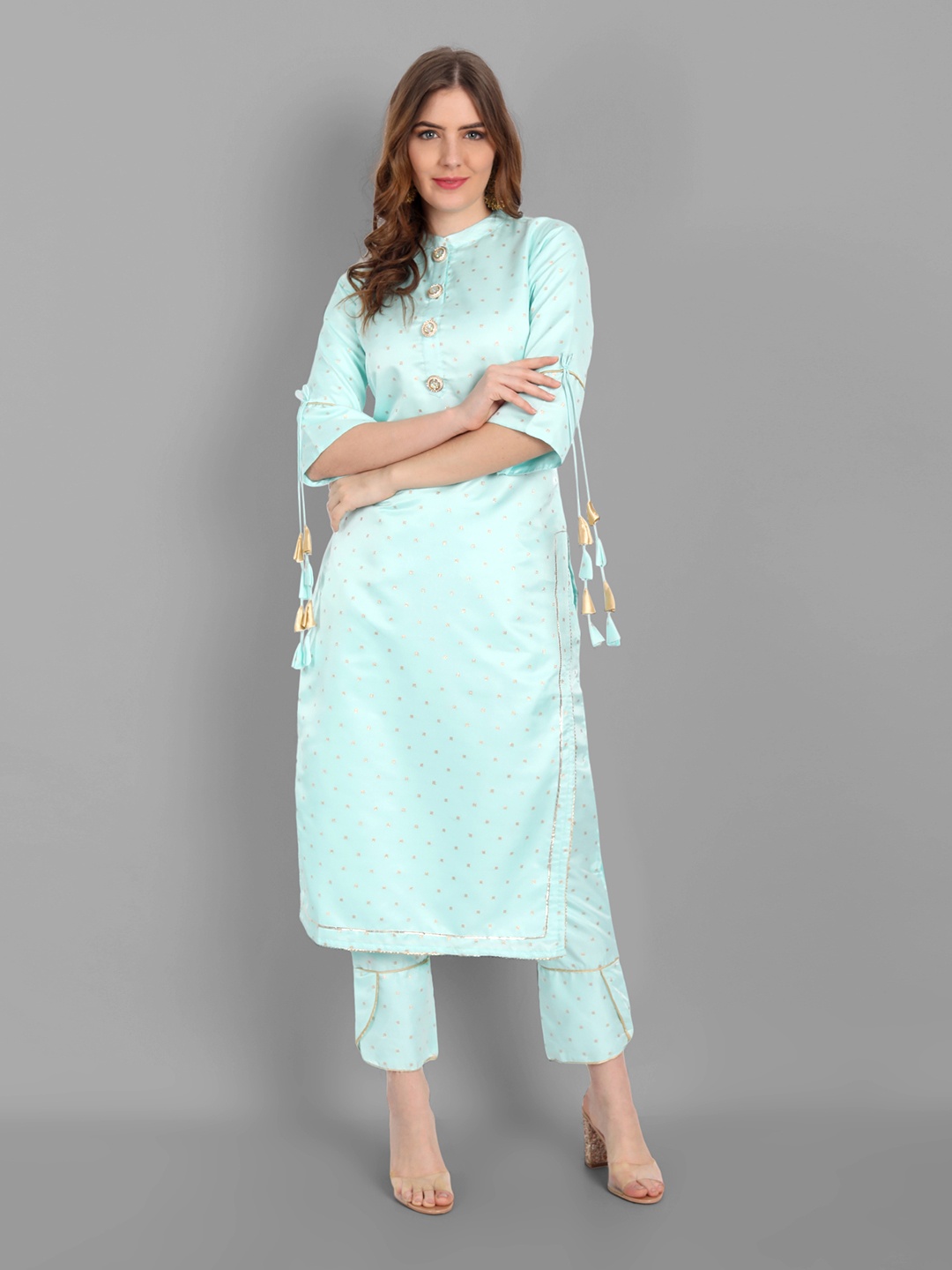 

V TRADITION Turquoise Blue Printed Gotta Patti Kurta with Trousers