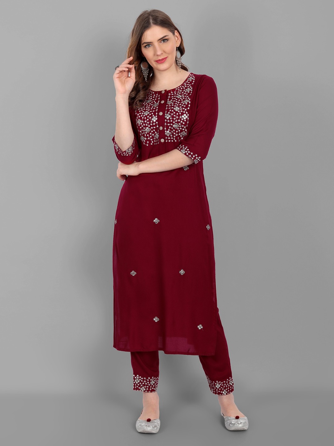 

V TRADITION Women Red Ethnic Motifs Embroidered Beads and Stones Kurta with Trousers