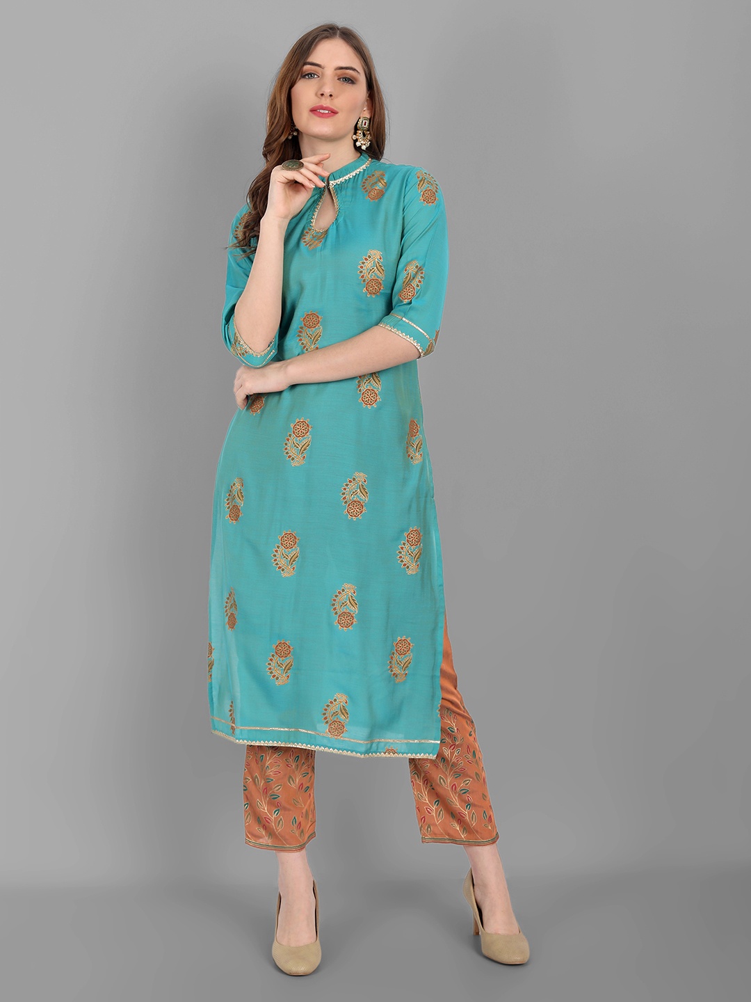 

V TRADITION Green Ethnic Motifs Printed Kurta with Trousers