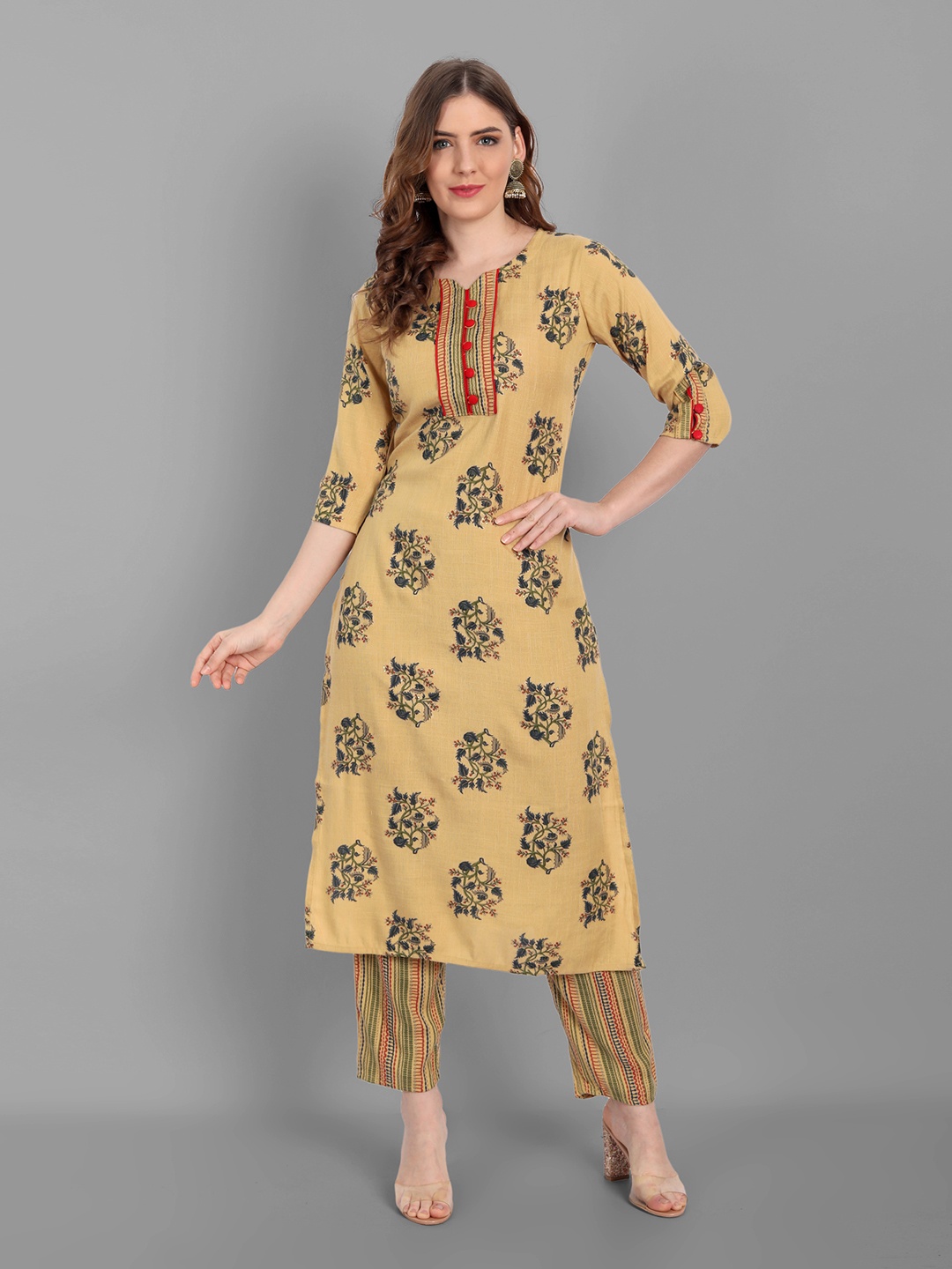 

V TRADITION Mustard Yellow Floral Printed Kurti with Trousers