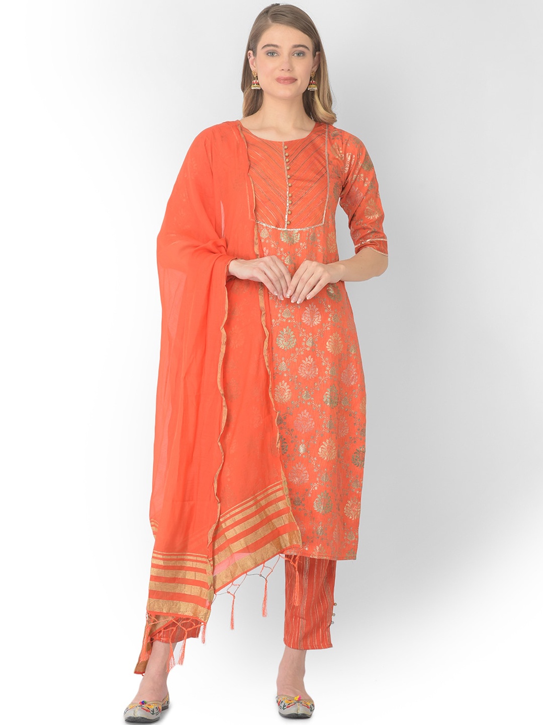 

V TRADITION Women Orange Embroidered Gotta Patti Kurta With Trousers & Dupatta
