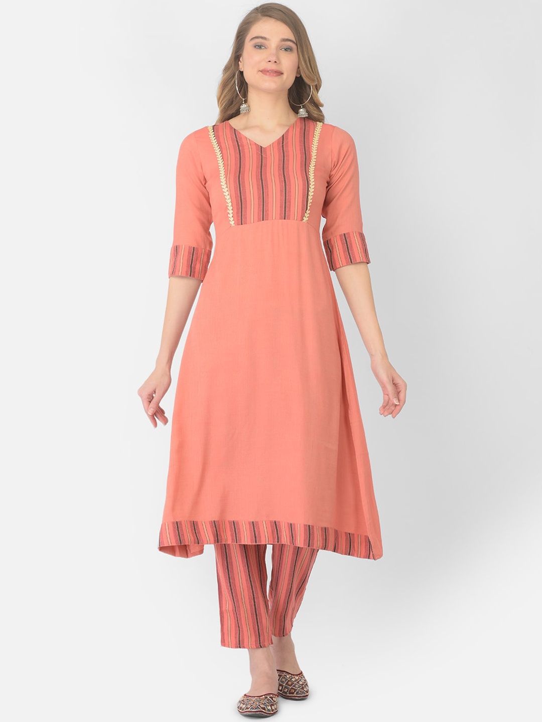

V TRADITION Orange Patchwork Kurta with Trousers
