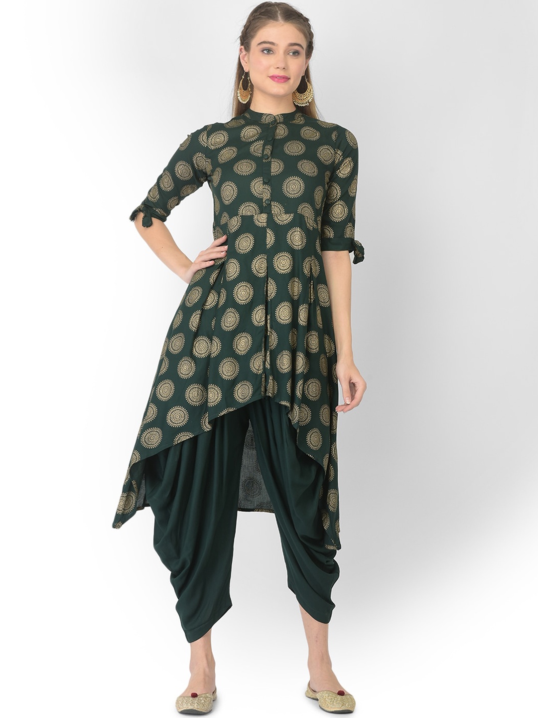 

V TRADITION Green Floral Printed Pleated Kurta with Dhoti Pants