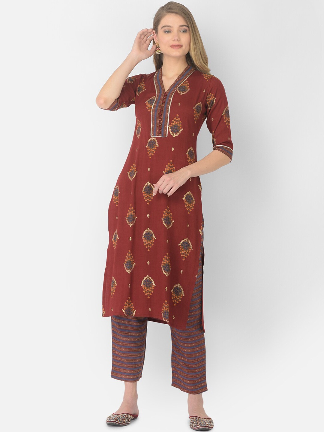 

V TRADITION Maroon Ethnic Motifs Printed Kurta with Trousers