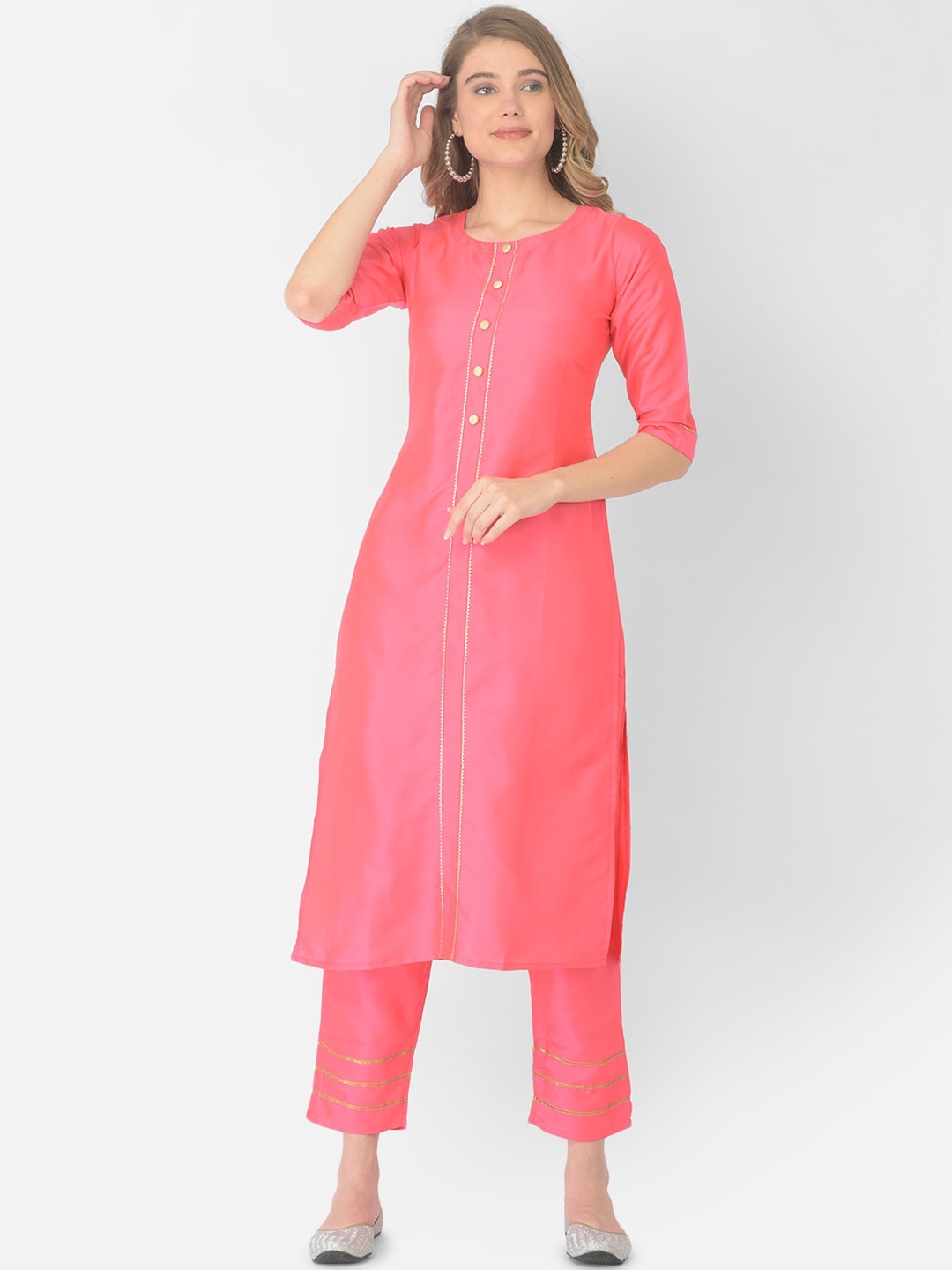 

V TRADITION Women Pink Panelled Gotta Patti Kurti with Trousers