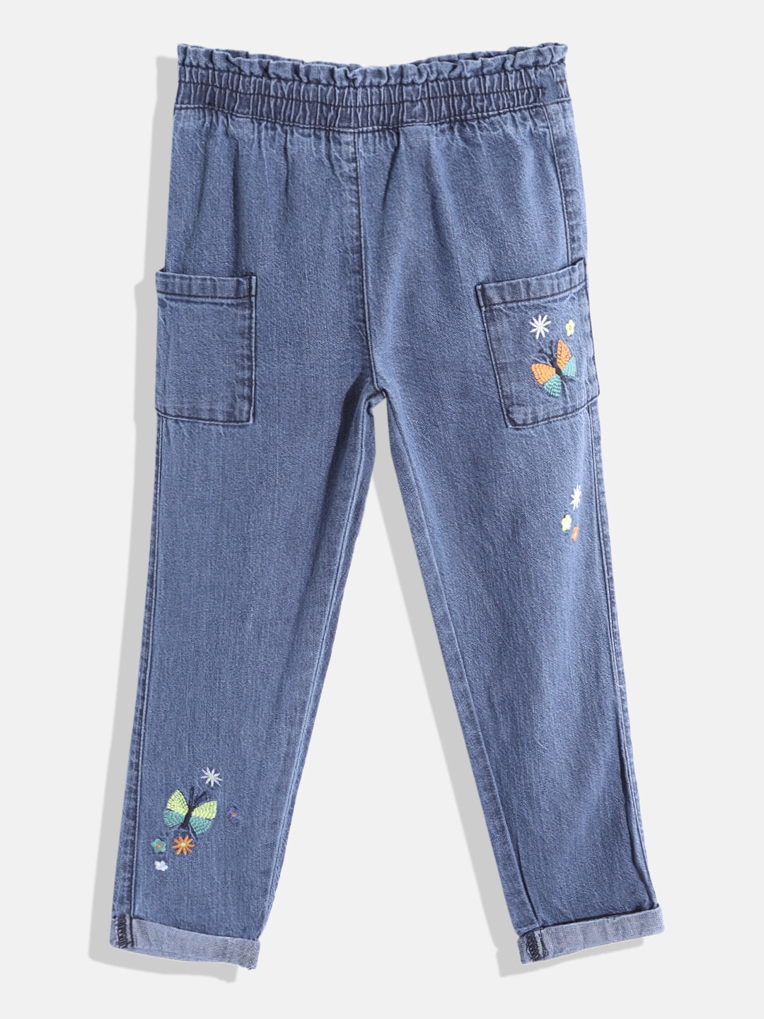 

H By Hamleys Girls Blue & Yellow Pure Cotton Floral Embroidered Jeans