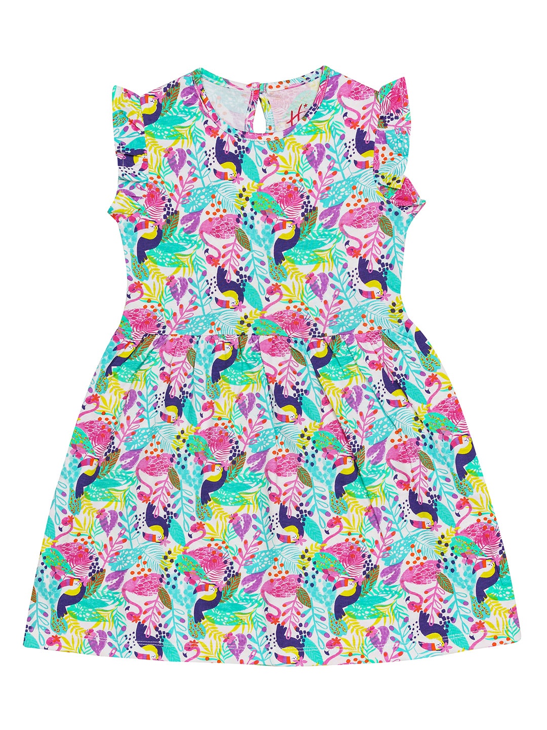 

H By Hamleys Girls Multicoloured Flamingo Printed Pure Cotton A-Line Dress, Multi