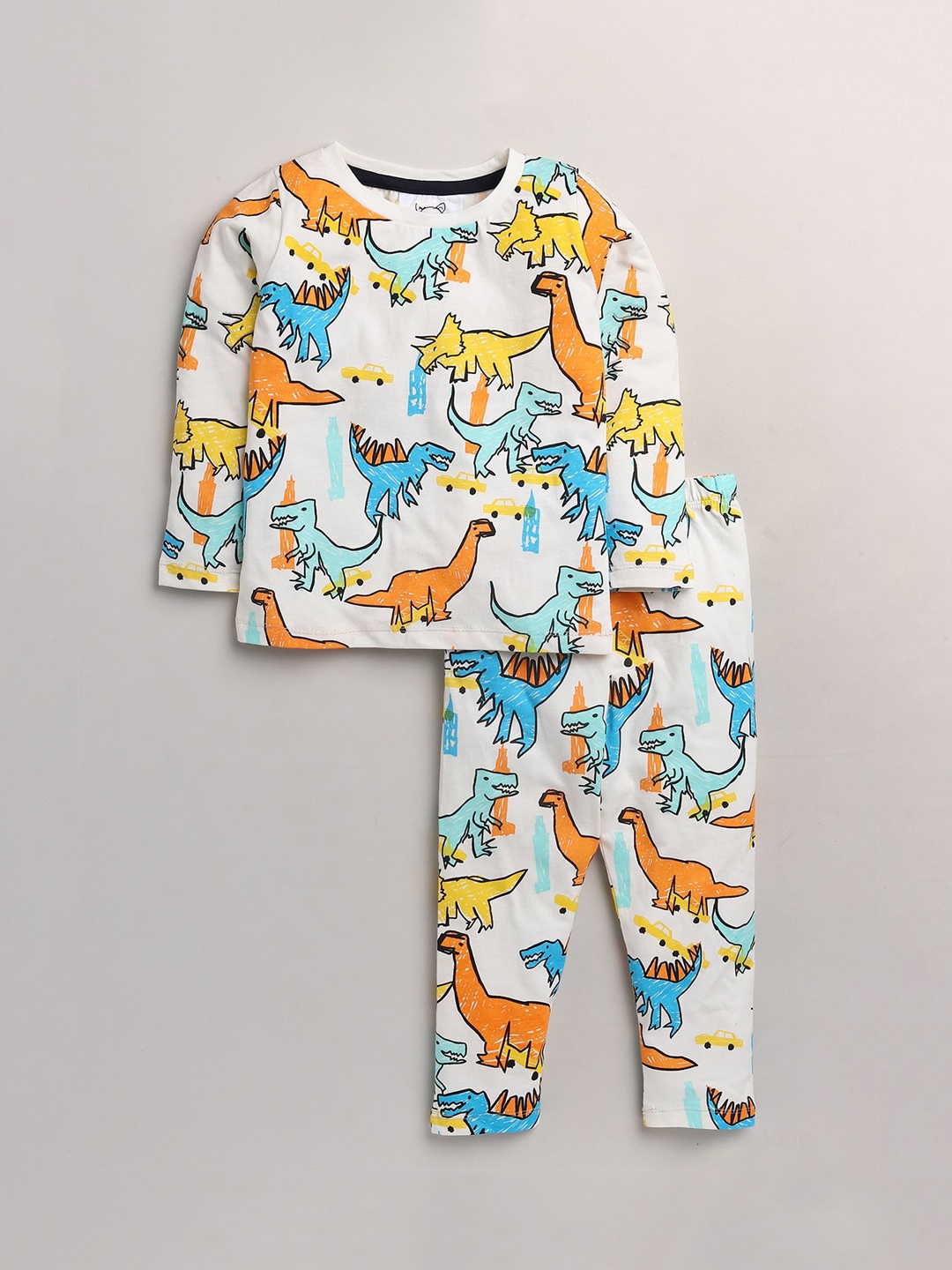 

Lazy Shark Boys Cream-Coloured & Orange Graphic Printed Night Suit
