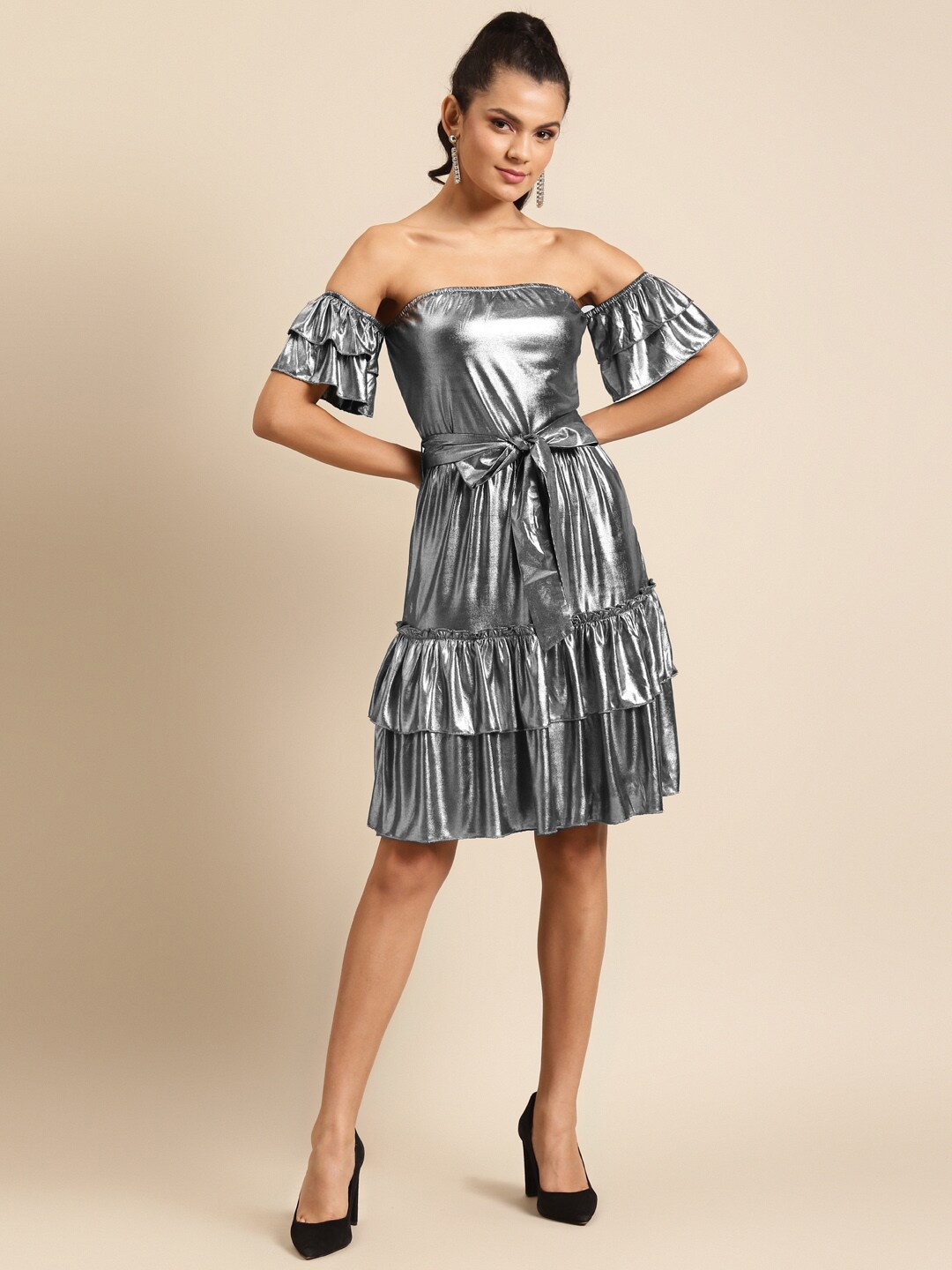 

DODO & MOA Women Silver-Toned Off-Shoulder Dress