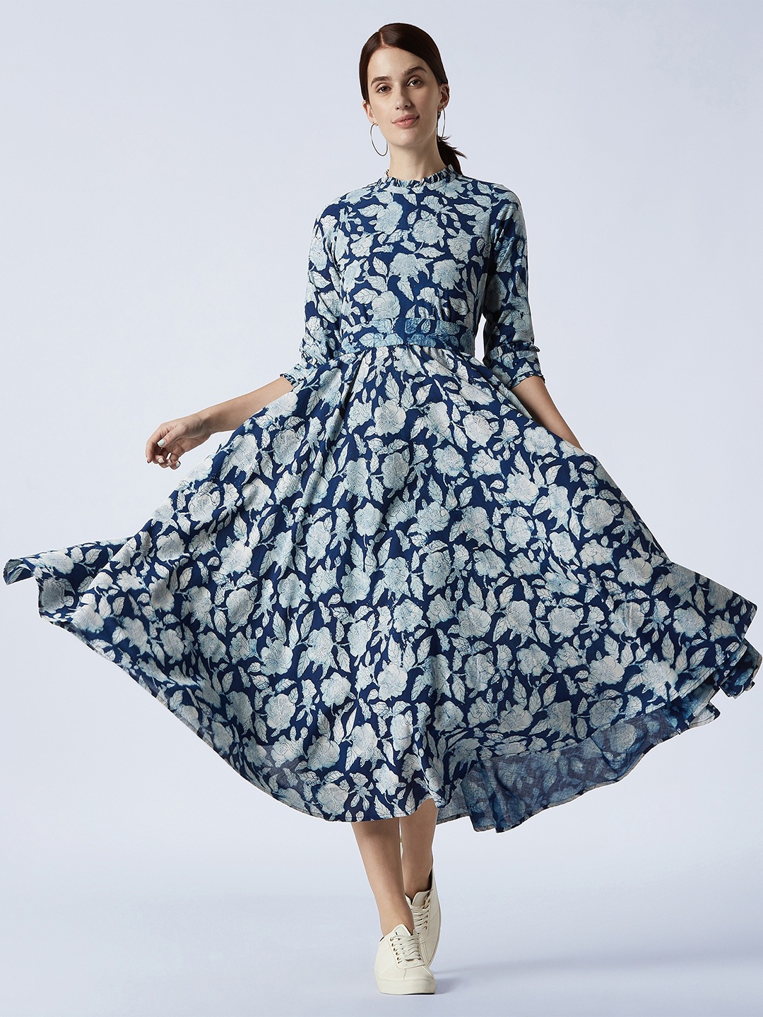

OKHAI Blue & White Floral Hand Block Printed Cotton Midi Dress