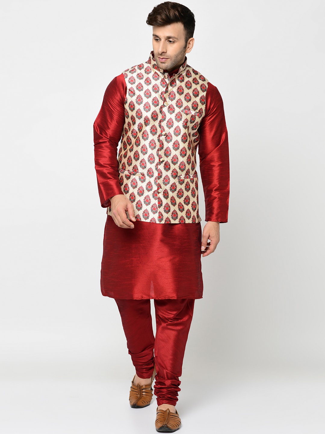 

Kaifoo Men Maroon Kurta with Churidar & Nehru Jacket