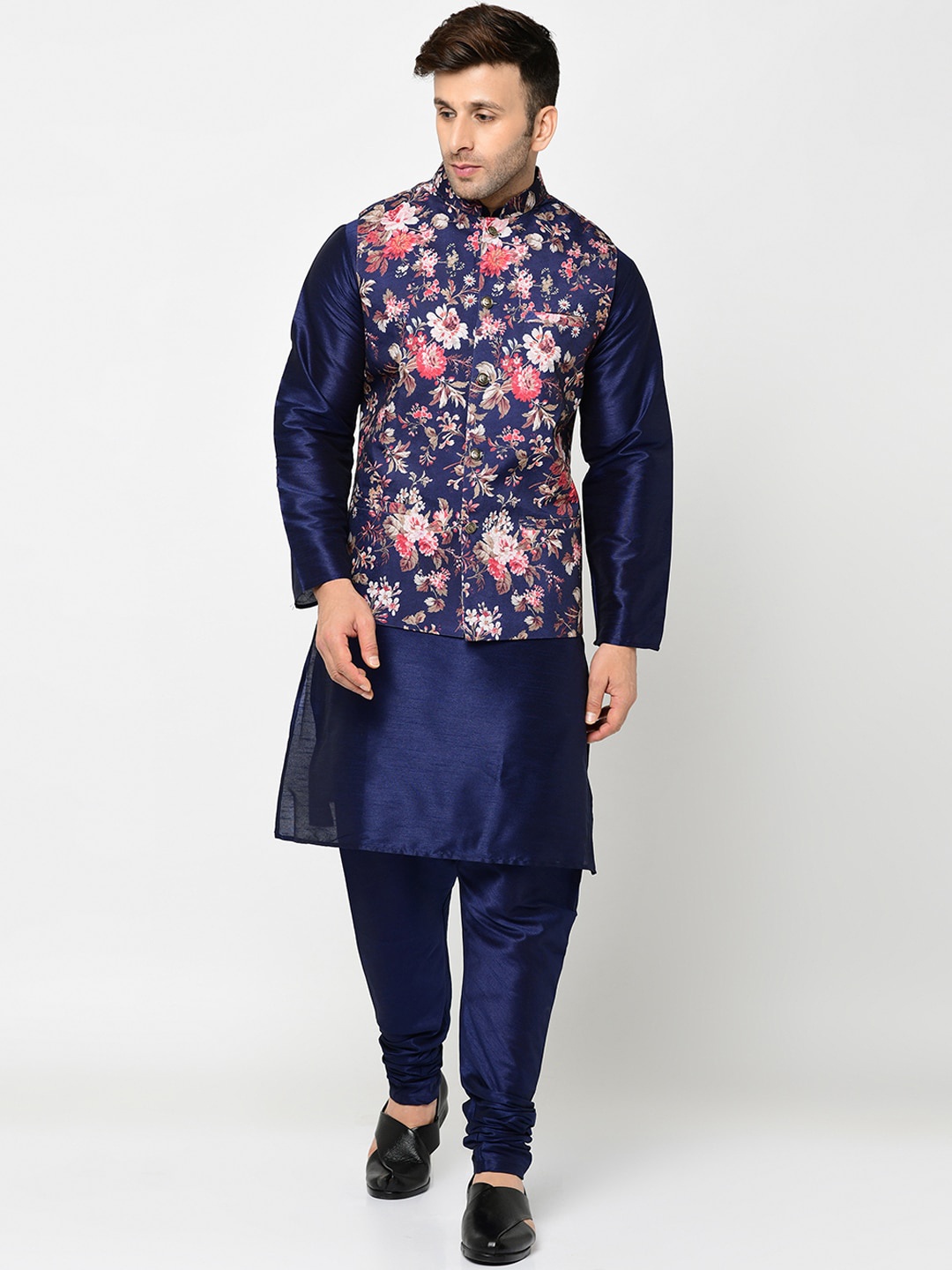 

Kaifoo Men Navy Blue Floral Kurta with Churidar & Nehru Jacket
