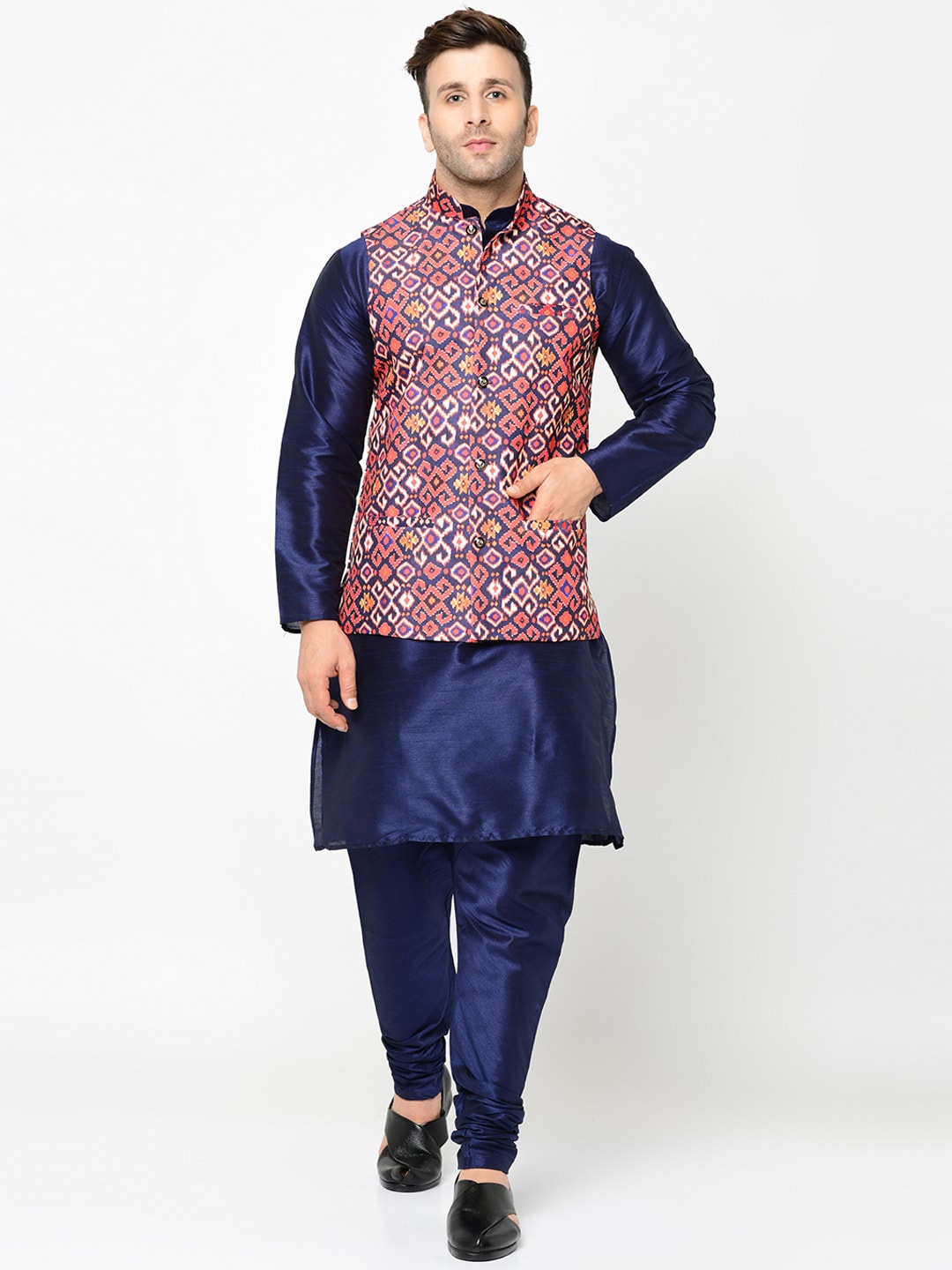 

Kaifoo Men Pink Kurta with Churidar & Nehru Jacket