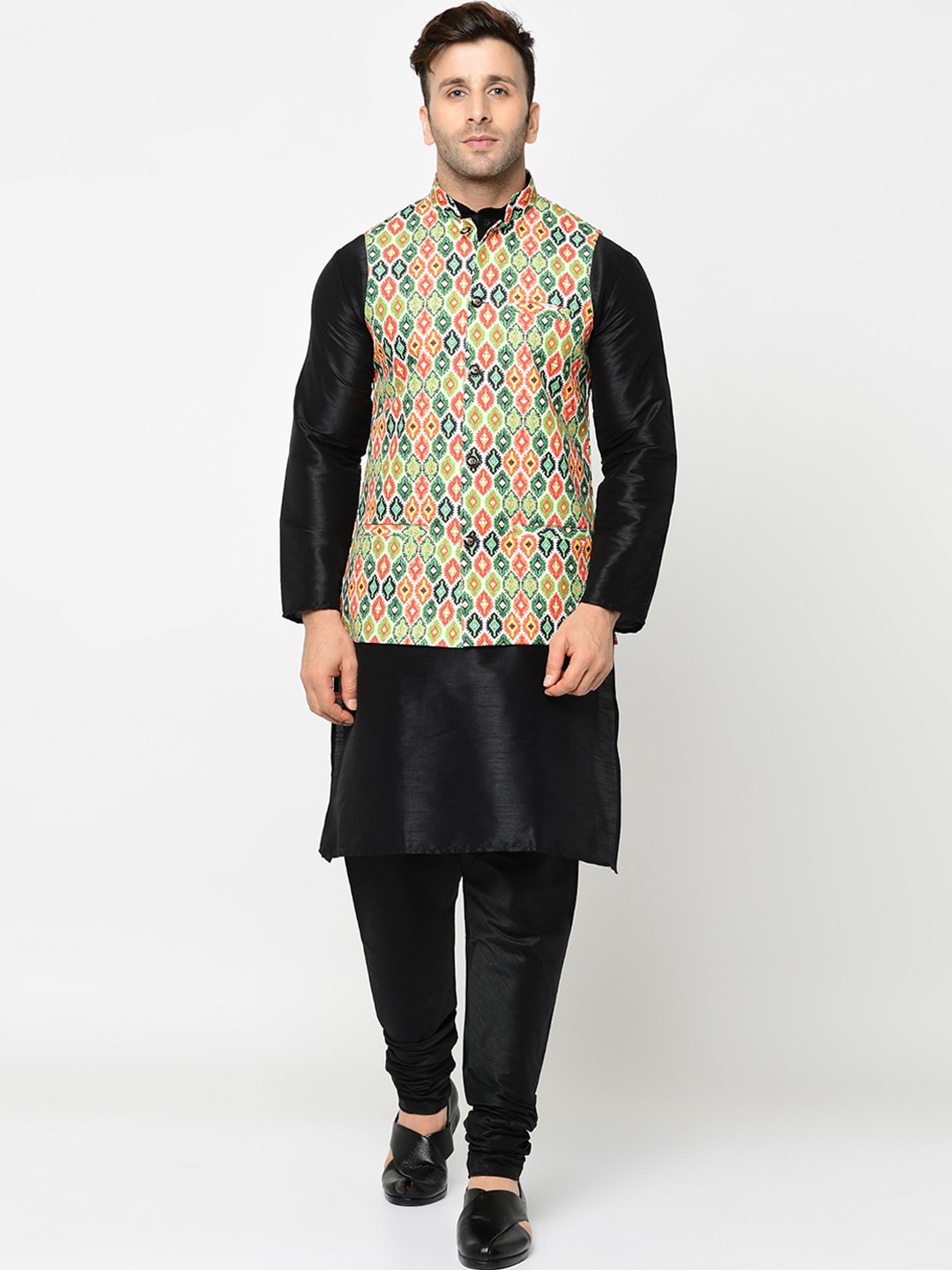 

Kaifoo Men Green Kurta with Churidar & Nehru Jacket