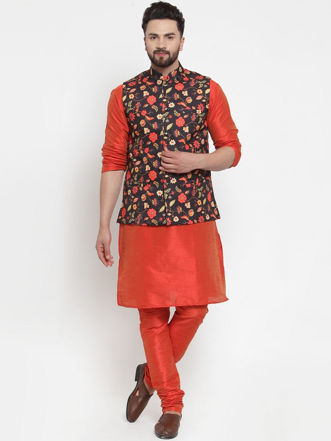 

Kaifoo Men Orange Kurta with Churidar & Nehru Jacket