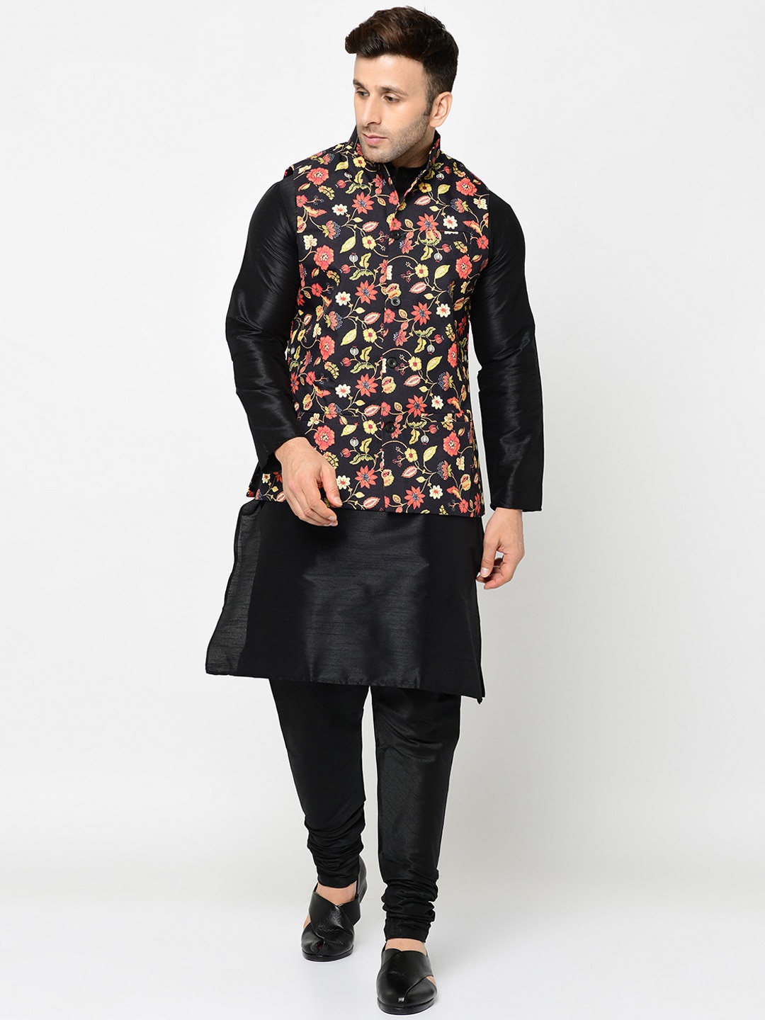 

Kaifoo Men Black Kurta with Churidar & Nehru Jacket