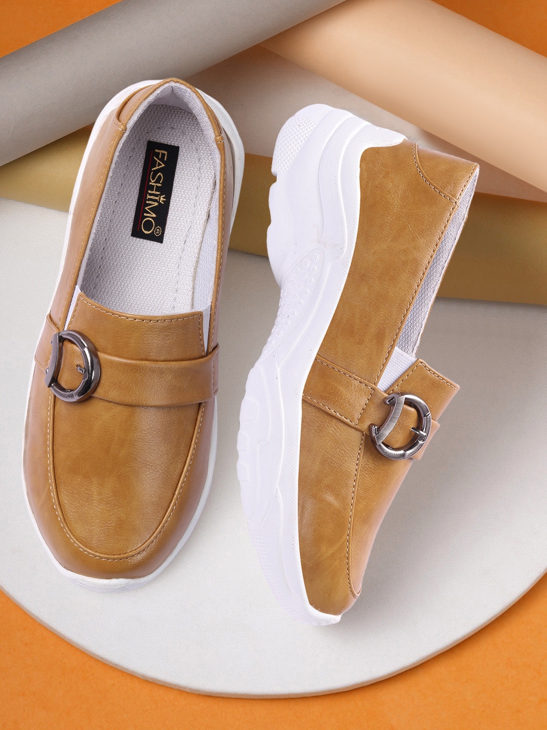 

FASHIMO Women Tan Colourblocked Slip-On Sneakers